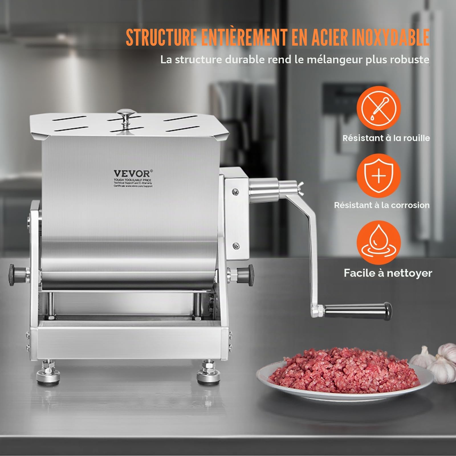 VEVOR Mélangeur à Viande Manuel, Équipement de Traitement de la Viande avec Réservoir Inclinable de 10 L, Machine à Mélanger pour Chair à Saucisse en Inox, avec Couvercle et Poignée, pour Bœuf Haché