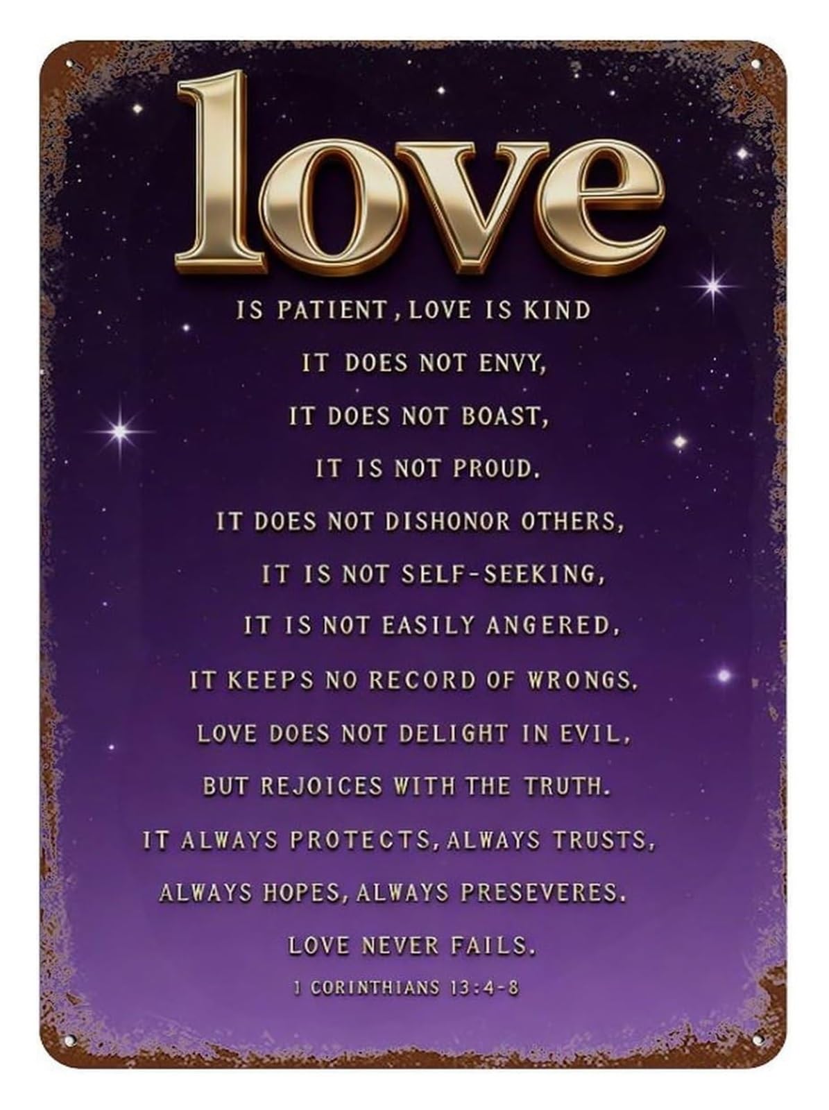 ZDVHOMCB Love is Patient Love is Kind Metal Tin Sign Bible Verse Scripture Wall-Art Vintage Inspirational Plaque for Home Church Bedroom 8 X 12 Inch