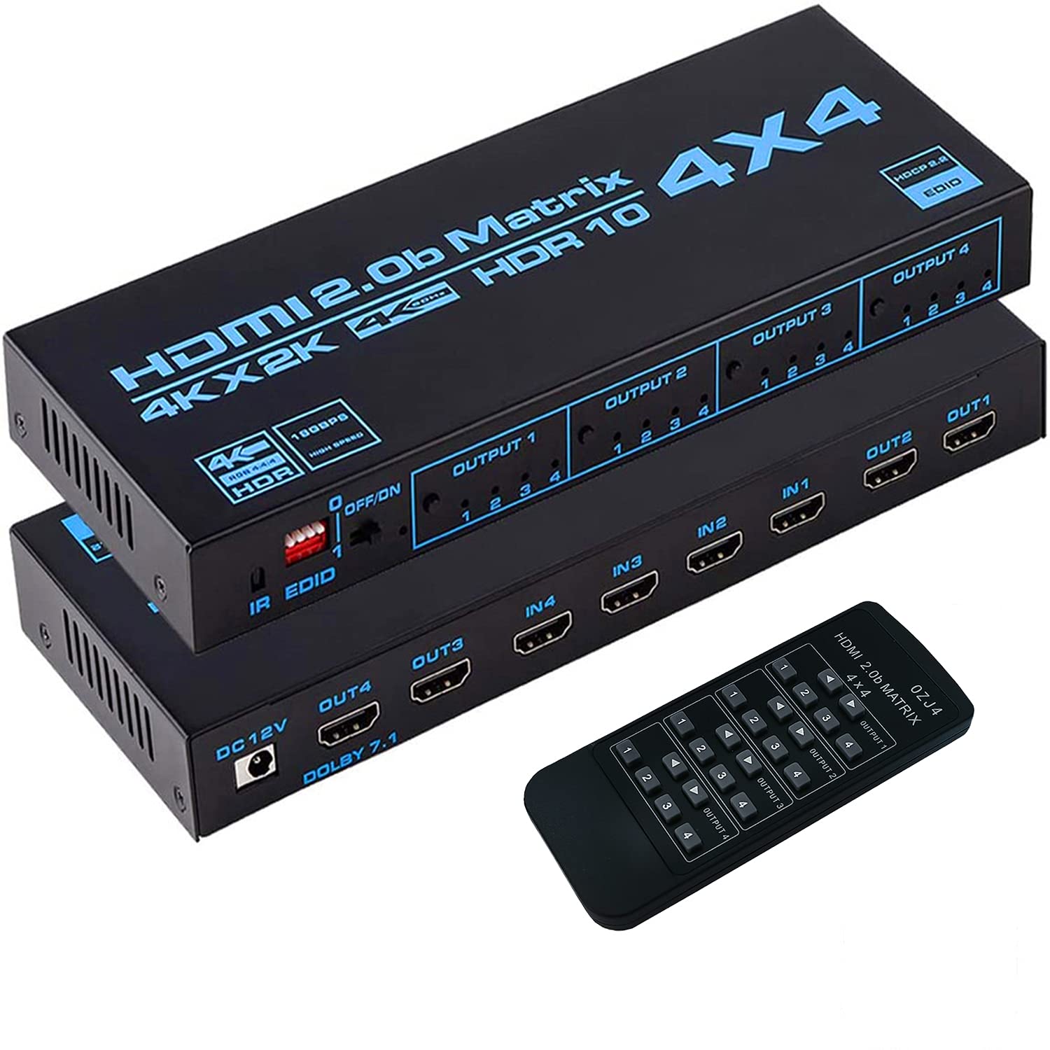 Conmutador de Matriz HDMI 4X4,Conmutador/Distribuidor HDMI 4K@60Hz 4 entradas 4 Salidas,Divisor de Video con Control Remoto IR y Extractor de Audio EDID