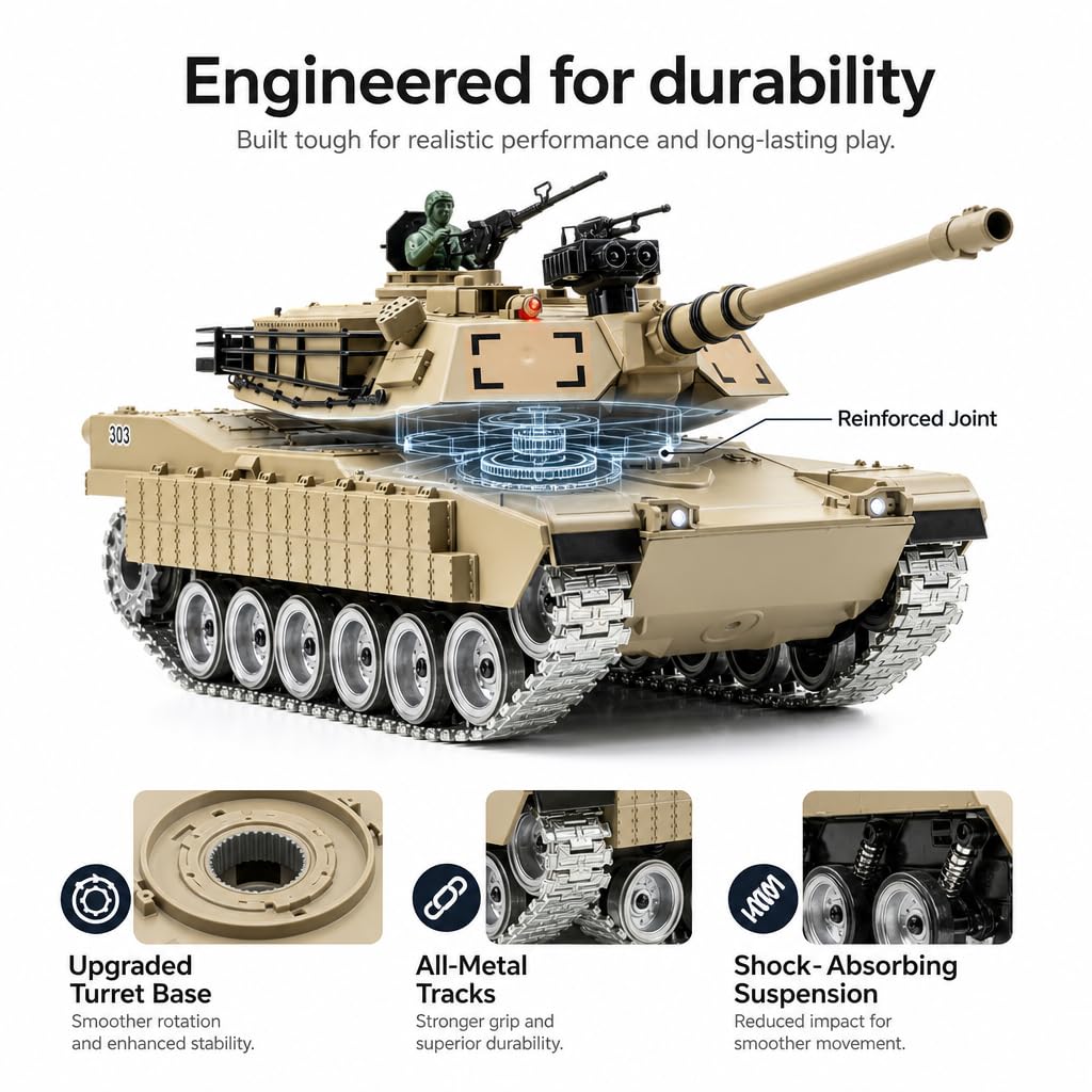 Carro Armato Telecomandato M1A2 1:18 – Cingoli Fumo Suono Luci Tiro Acqua 2.4GHz | Tank RC Giocattolo Militare Regalo Bambino 8 Anni | Kit Completo