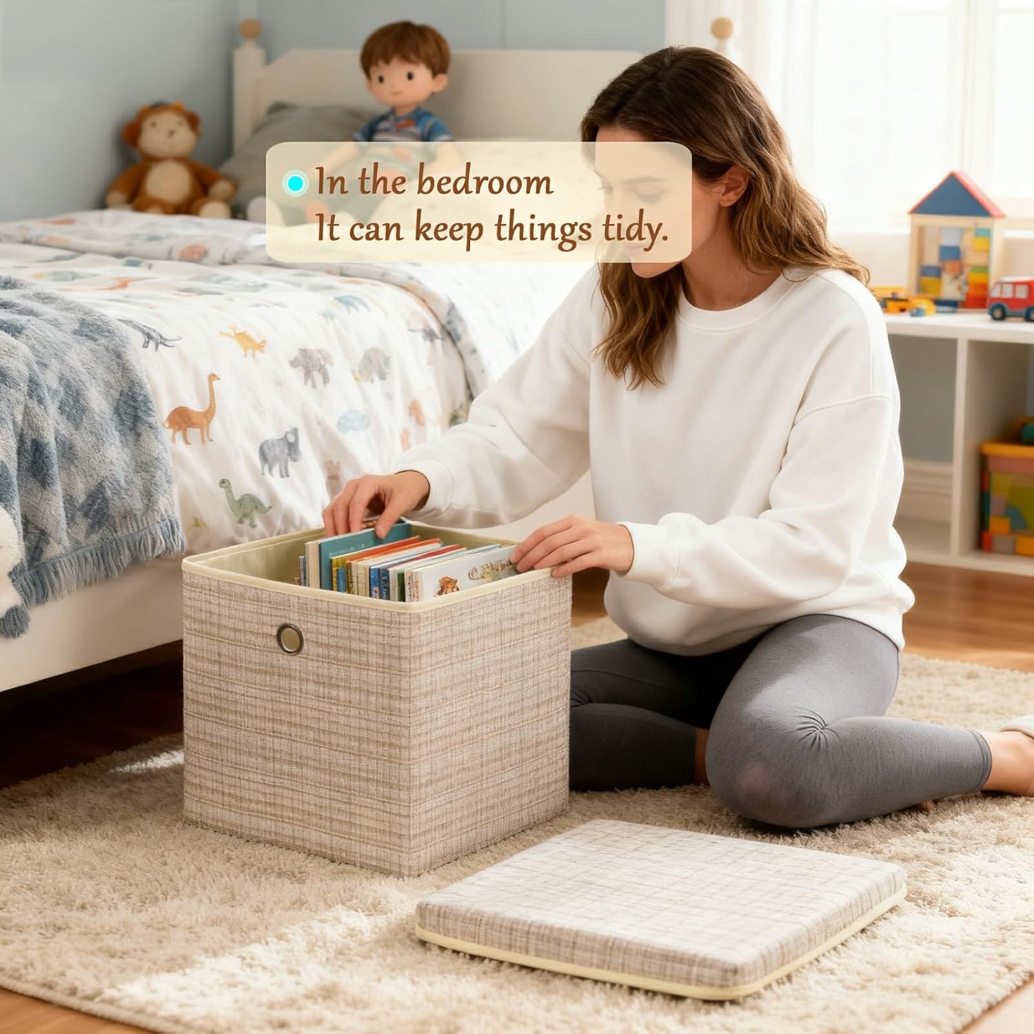 modscape 4-Pack 12"x12" Fabric Cube Storage Bin with Lid, Foldable Collapsible Fabric Storage Bins for Clothes Toys, Sturdy Storage Cube for Bedroom Closet Shelves Home Organization (Shining Beige 4)