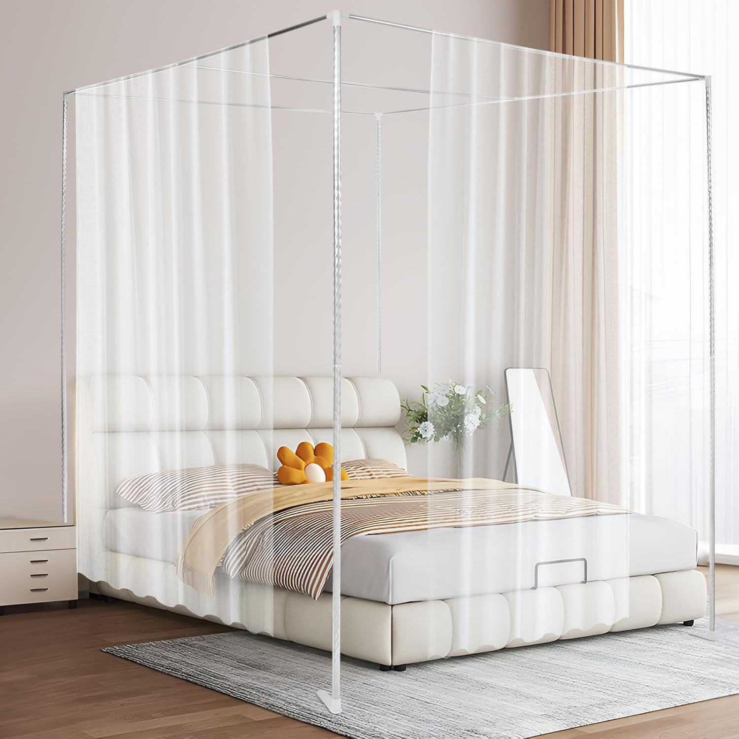 Canopy Bed Frame Enhanced Stainless Steel Poles White Queen Size Four Corner Bed Canopy Frame Modern Bedroom Decor Fit for Mosquito Curtains(no Included) (6.56 * 6.56 * 6.56ft)