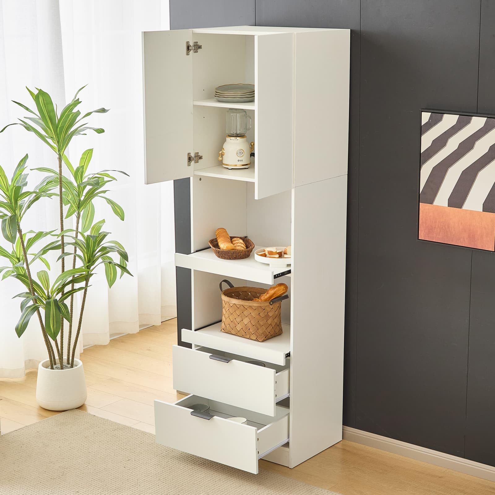 KOMHTOM Buffet de Salle à Manger Blanc de 200 cm de Haut Meuble de Cuisine, Buffet Salon avec 2 Portes et 2 tiroirs Meubles de Rangement pour Salon Salle à Manger Cuisine (B)