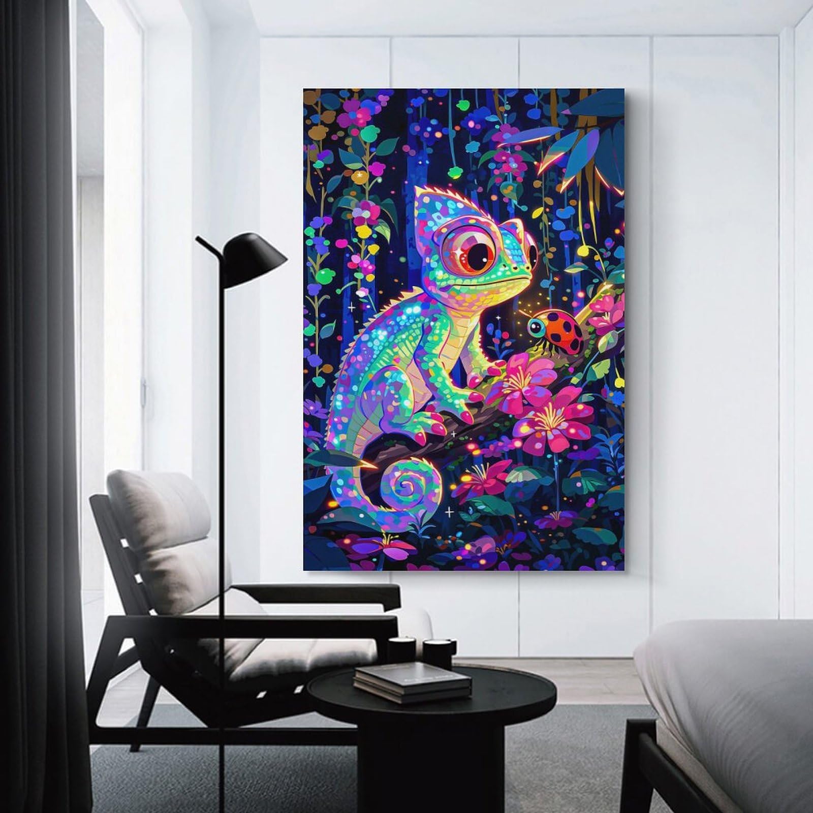 Junmoney Unframe-Style-22 Chameleon And Ladybug In A Magical Forest Wall Picture Print, 16X24inch(40X60cm), For Lounge, Study, Hallway Or Flat Walls, Canvas Wall Art That Fits Changing Layouts