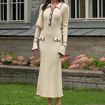 Women's Bodycon Sweater Dress Button V Neck 2025 Long Sleeve Half Slim Fitted Ruffle Ribbed Knit Maxi Pencil Dress