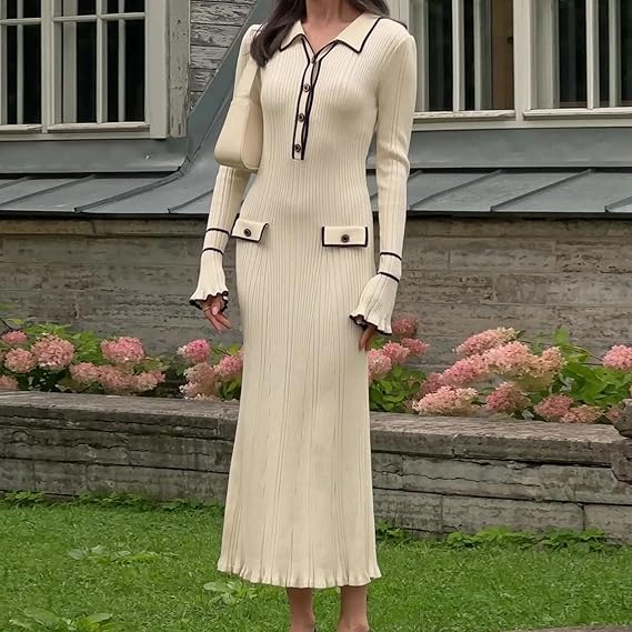 Women's Bodycon Sweater Dress Button V Neck 2025 Long Sleeve Half Slim Fitted Ruffle Ribbed Knit Maxi Pencil Dress