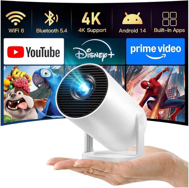 [2026 Upgraded] Mini Projector 4K Supported, Built-in App, Android TV OS X1 | Projector with WiFi 6 and Bluetooth 5.4, Phone Remote Control, Short Throw, Auto Keystone and 180° Rotatable for Home Outdoor