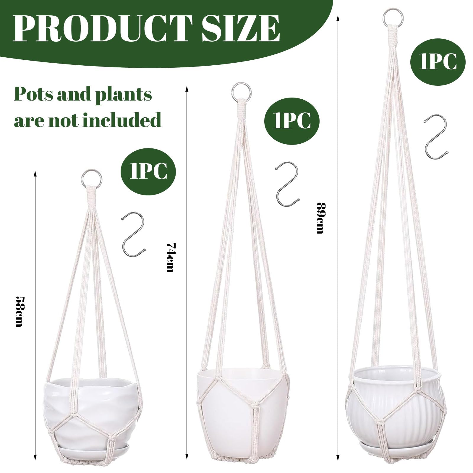 Suspensions pour Plantes en Macramé Lot de 3, Crochets Inclus, Support Intérieur Extérieur, Style Boho, Ivoire