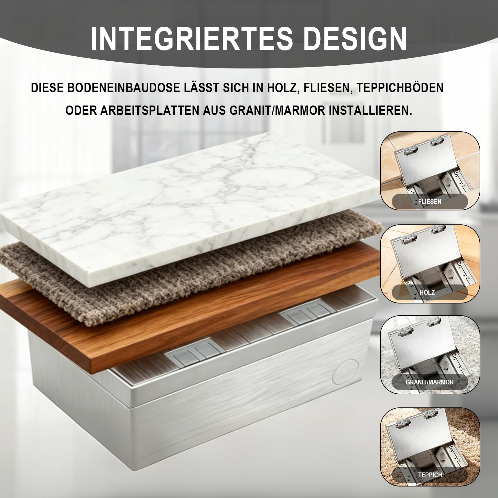 Versenkbare Bodensteckdose mit 3 EU Steckdosen und USB+Type C