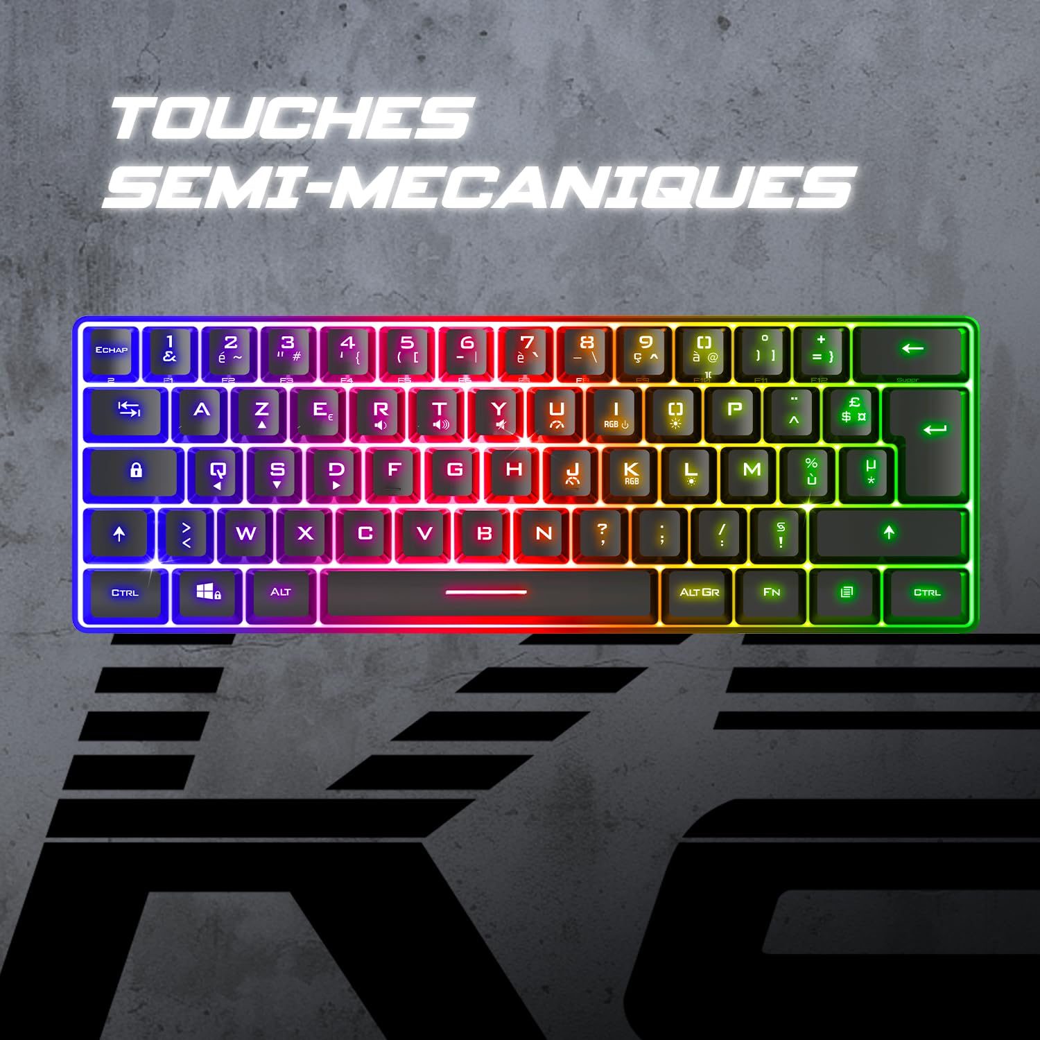 Spirit Of Gamer - Pro K2, Clavier Gamer Filaire Semi-Mecanique, Format Compact TKL 60%, 62 Touches Dont 24 Anti-Ghosting, Rétro-éclairage RGB Arc-en-Ciel, Hauteur réglable, Noir