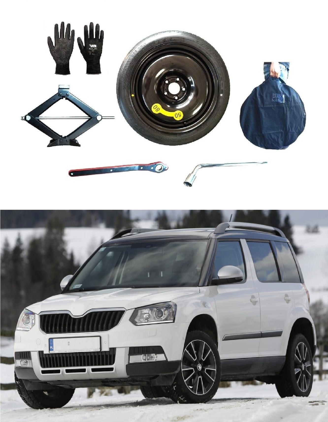 Zestaw kół zapasowych 17" kompatybilny ze Skodą Yeti z podnośnikiem, kluczem, rękawiczkami i torbą