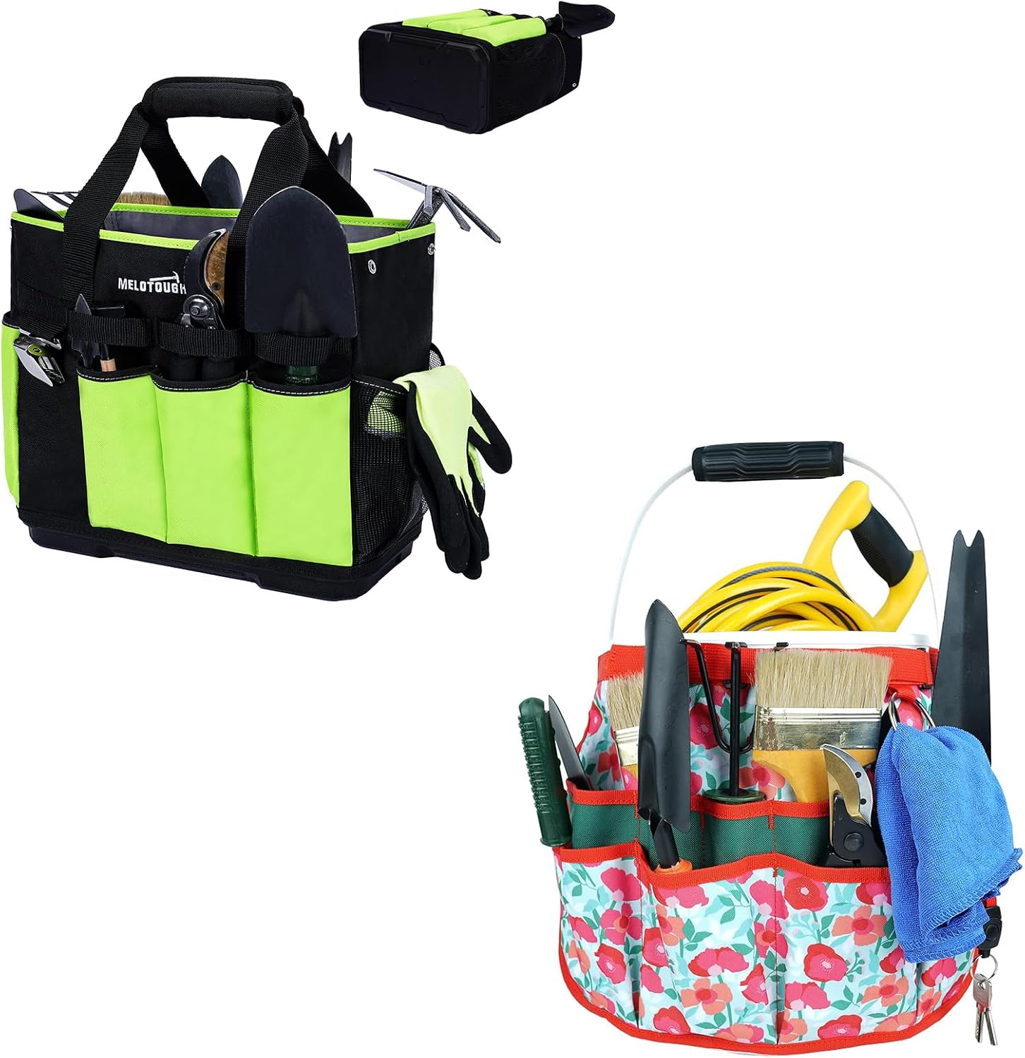 MELOTOUGH 12-Pocket Garden Tool Bag with Hard Bottom, Garden Caddy, Green,ucket Caddy Organizer Bucket Tool Organizer for Garden Tools