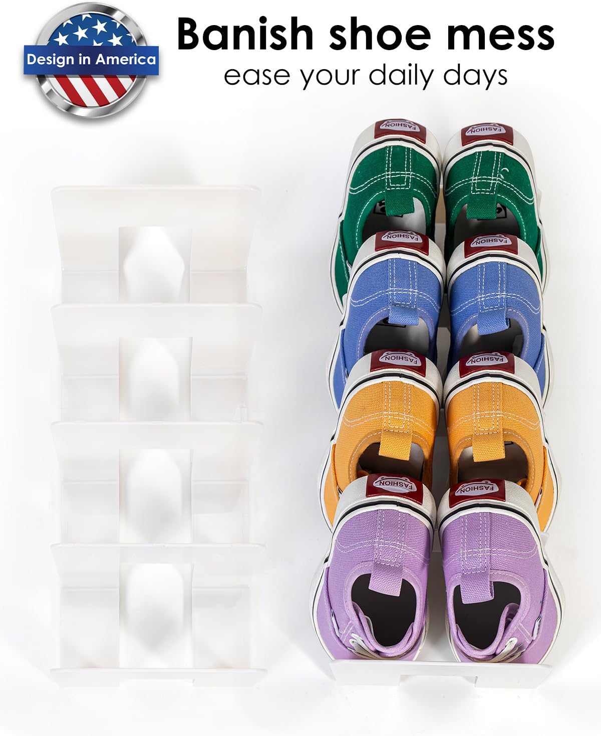 Hpring 4 Pack Upgraded Clear Acrylic Kids Shoe Rack for Toddler & Baby, 4 Sections kids shoe organizer Have Enough Space, Sturdy Shoe Shelf & Multi-Use Desk File Sorter Book Purse Organizer (White)