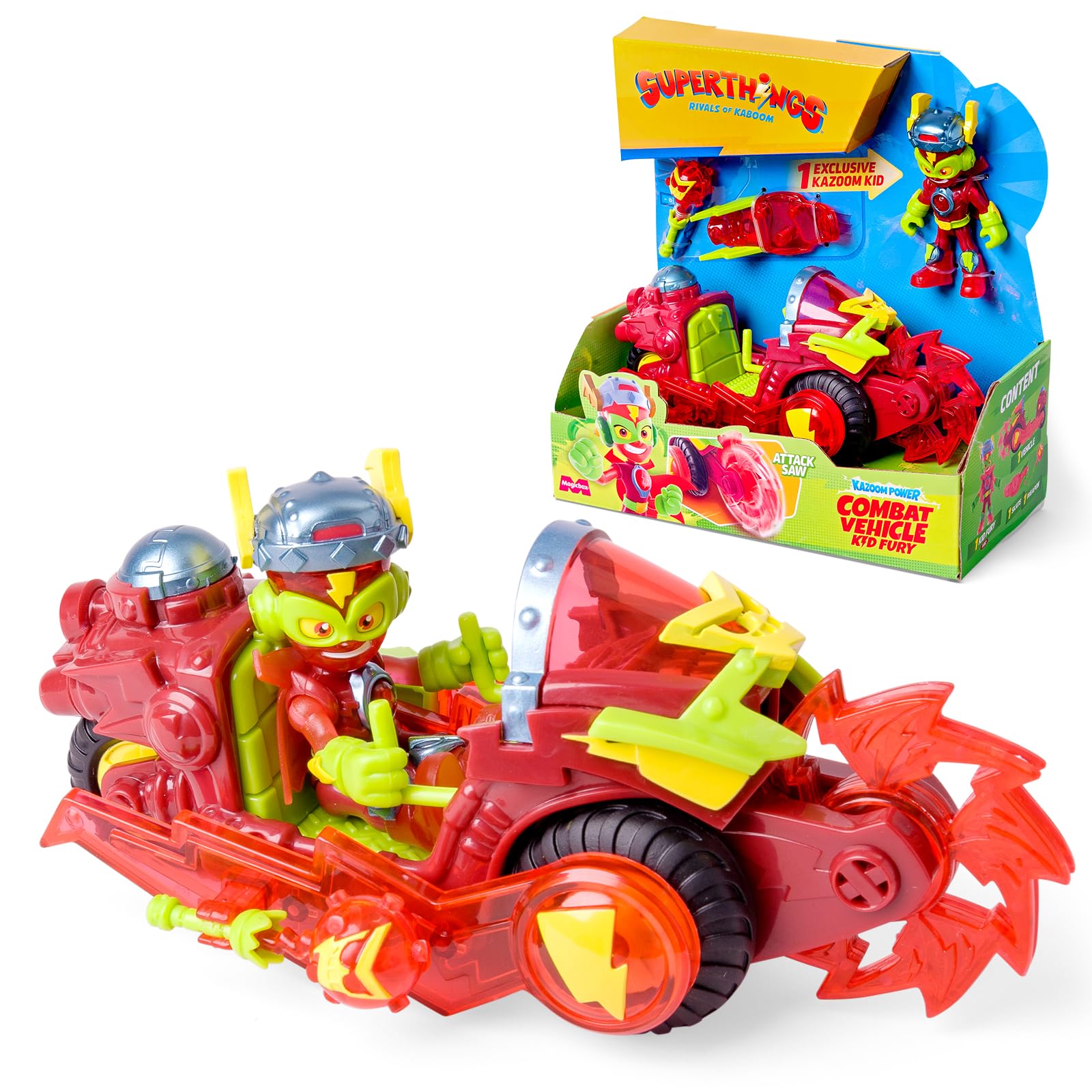 SUPERTHINGS KAZOOM POWER – Kid Fury Combat Vehicle. Kid Fury's combat vehicle from the animated series "Kazoom Power". Contains 1 Combat Vehicle, 1 Exclusive Kid Fury, 1 Weapon, and 1 Accessory.