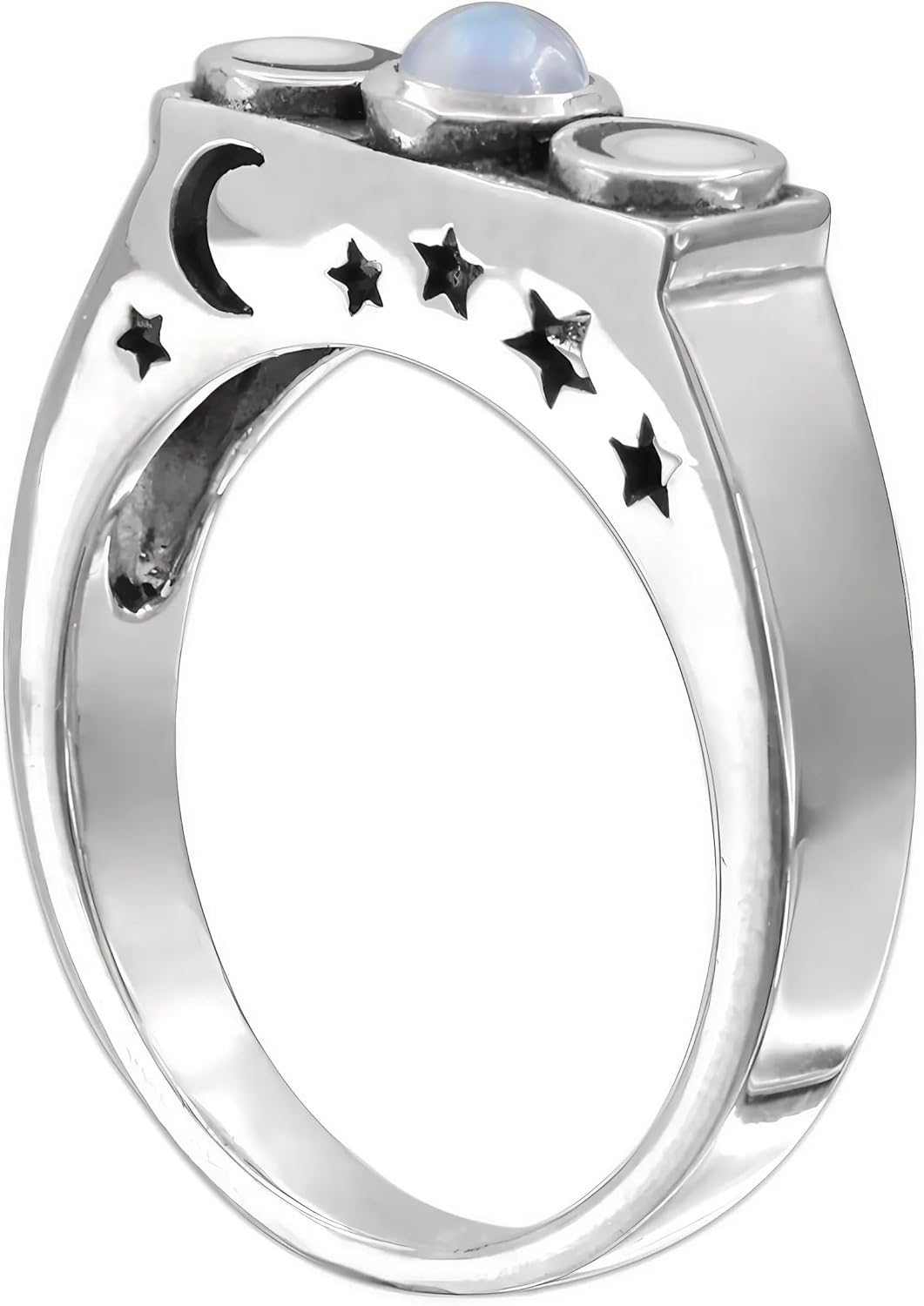Moonlight Mysteries Sterling Silver Wiccan Triple Moon Goddess Ring | Rainbow Moonstone | Etched Crescent Moon & Stars | Pagan Jewelry Sizes 4-15