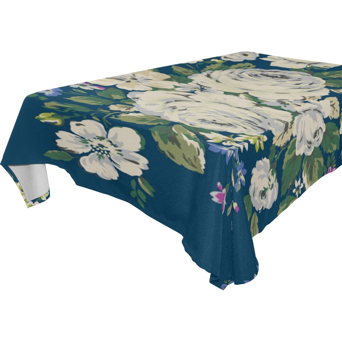 ALIREA Rectangle Navy Blue Floral Tablecloth for Wedding Party Holidays Washable Polyester Table Cloth Cover, 60 x 120 Inch