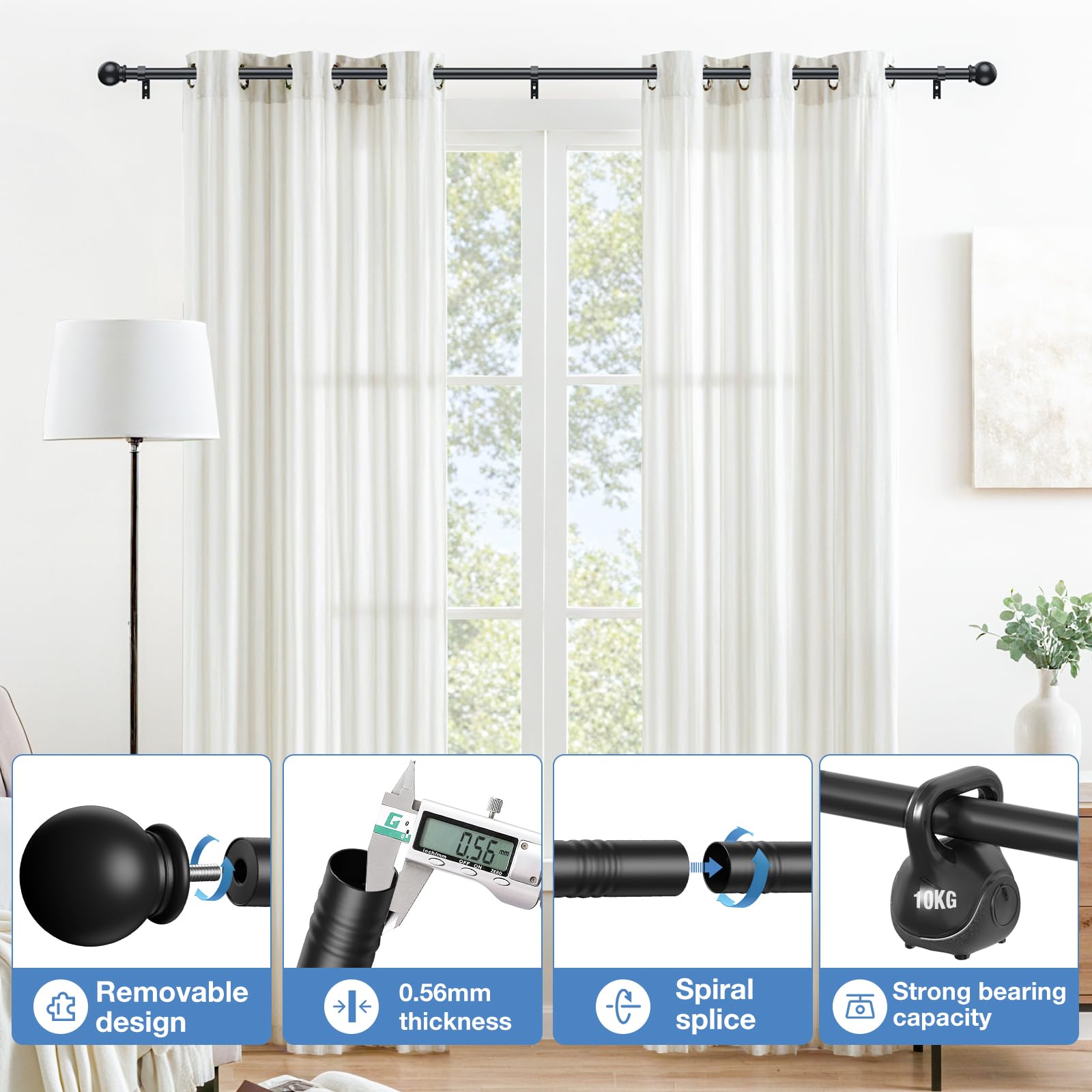 PeSenp Curtain Poles 87-240cm,Black Curtain Pole for Eyelet Curtains,16mm Curtain Rod with Round Finials,Adjustable Multi-Piece Metal Curtain Poles Includes Brackets & Fittings Set - Image 2