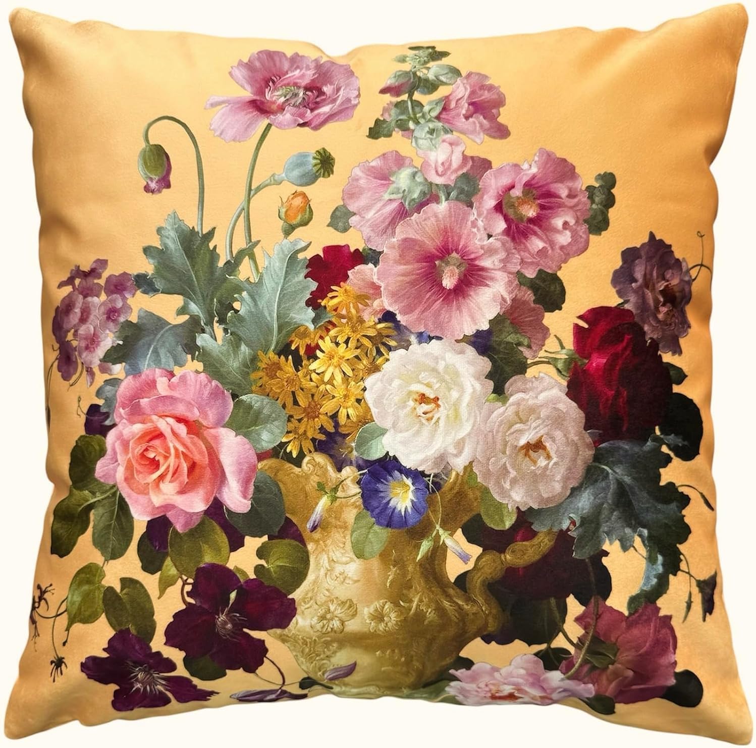 Vintage Floral Pillow Cover 26x26 Inch, Victorian Style Mixed Flower Bouquet Oil Painting Print on Mustard Yellow Background, Classic Throw Pillow Case for Living Room Sofa Bedroom Decor