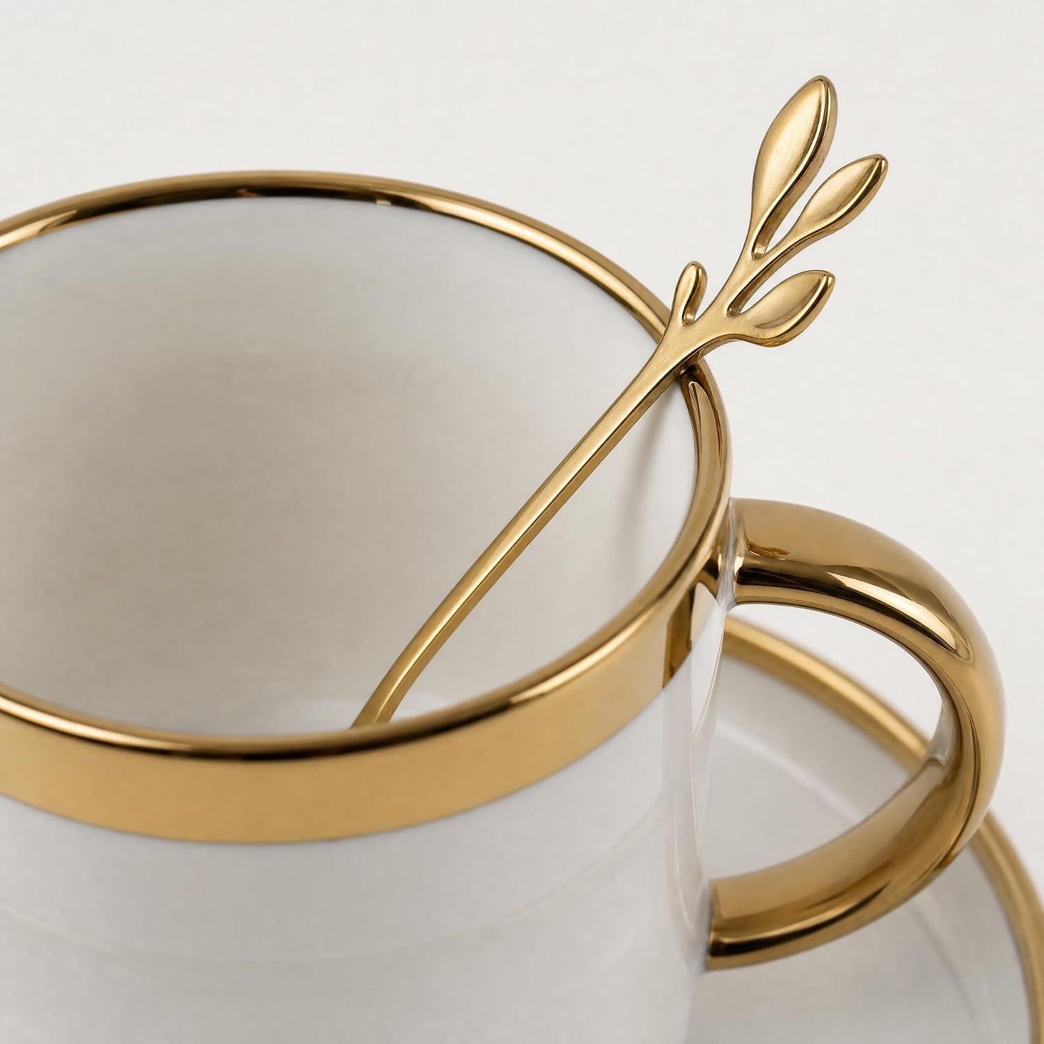 -Luxury 20-Piece White Porcelain Tea Set with Electroplated Gold Trim - Modern Ceramic Teapot, 6 Tea Cups, 6 Saucers, 6 Leaf Design Spoons & Gold Display Rack - Tea Party Set