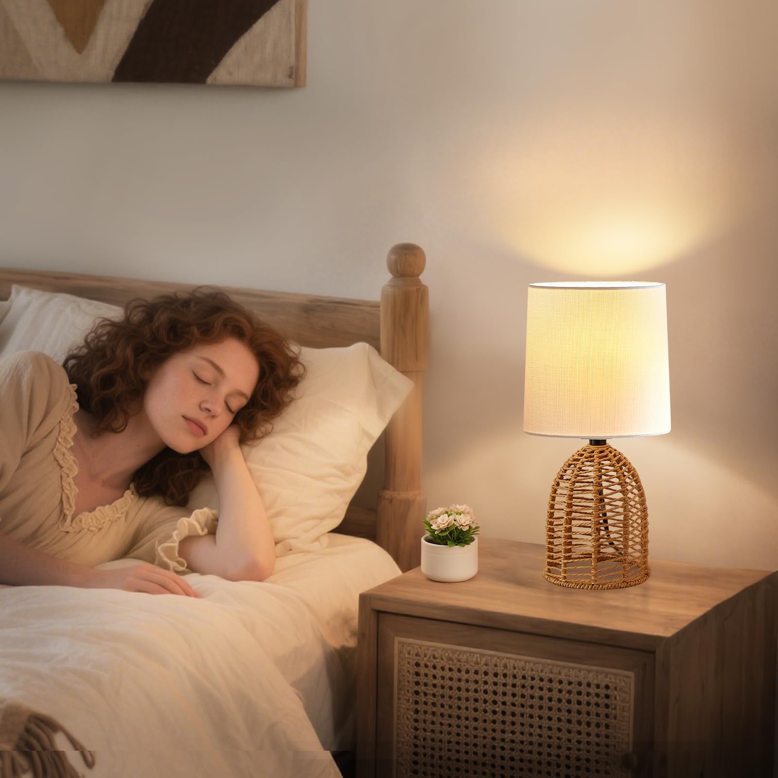 GyroVu Set di 2 lampade da comodino, in rattan, stile boho, attacco E27, piccole lampade per camere, camera da letto, comodino, soggiorno, lettura, lampada da tavolo