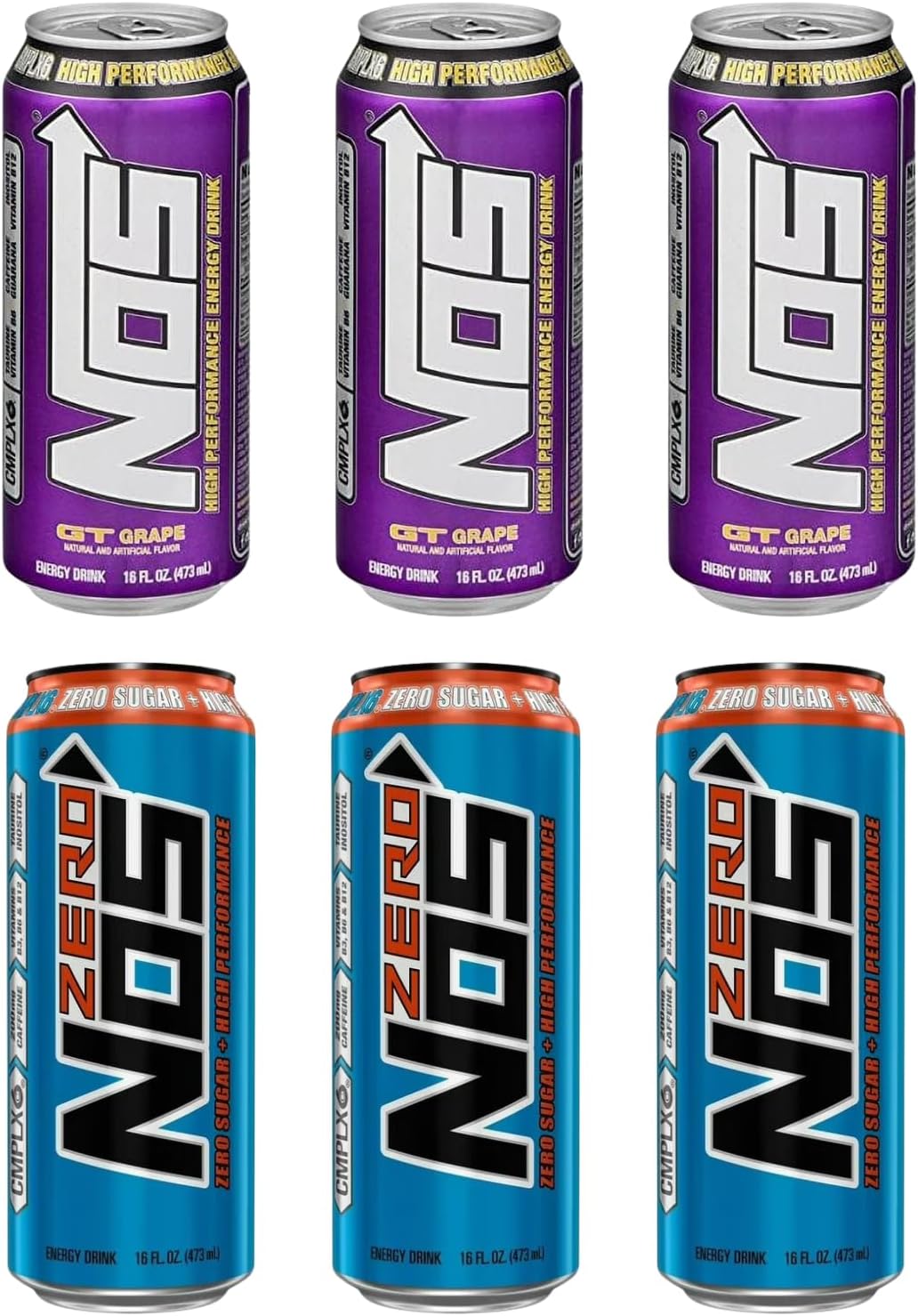 NOS Energy Drink Variety Pack - 16 Fl Oz Cans - Zero Sugar Energy Drink & GT Grape Flavors w/ 200mg Caffeine - Drinks for Focus - Ideal for Halloween Party Favors - in ComboCreations Box