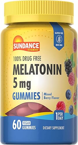 Sundance Gomitas de melatonina de 5 mg  60 unidades  Sabor mixto de bayas  Suplemento vegano, sin OMG y sin gluten para adultos