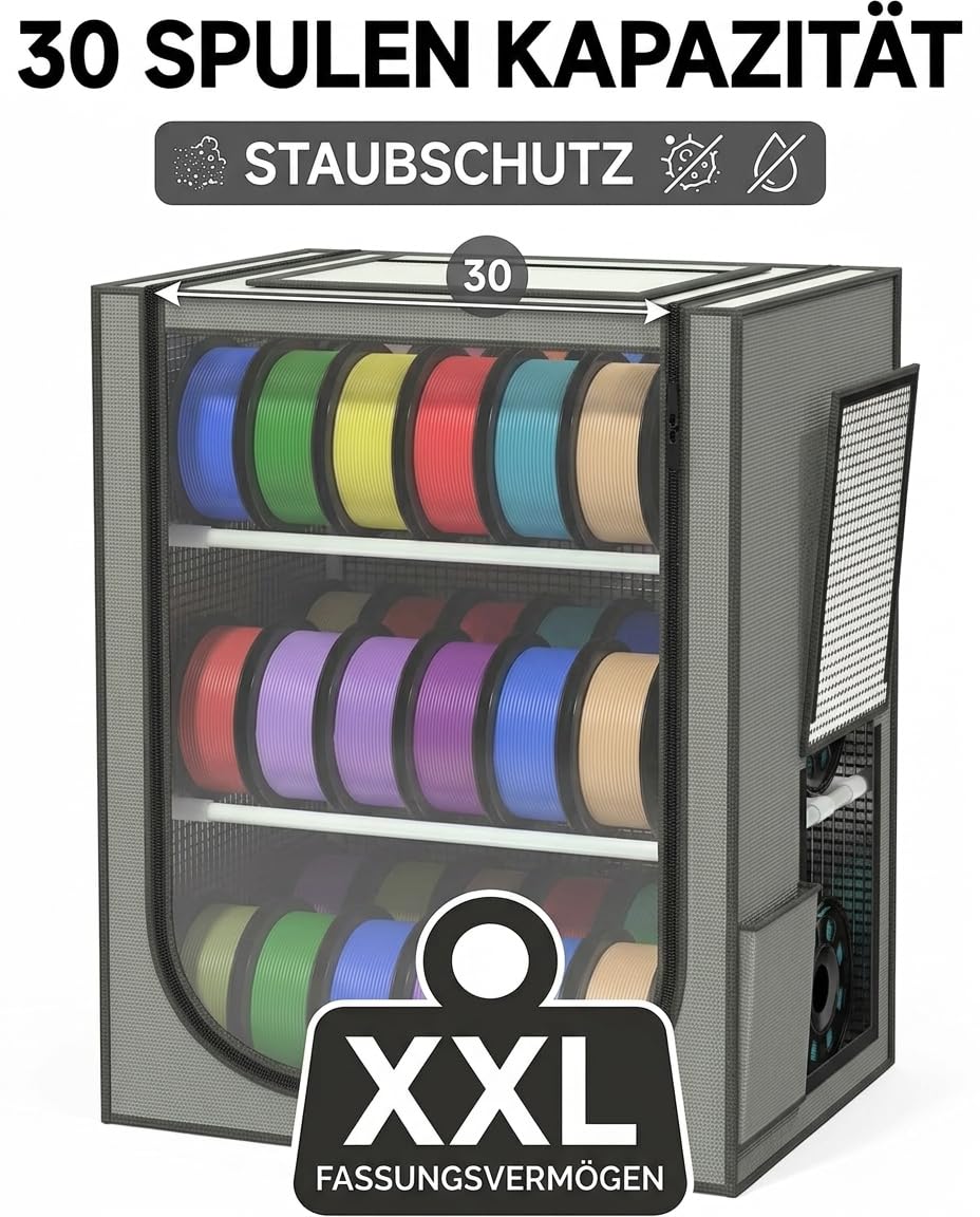 Pudełko do przechowywania filamentu 3D, 3-poziomowy, metalowy regał z przezroczystą pokrywą i środkiem osuszającym – na 30 rolek (PLA, ABS, PETG, TPU)