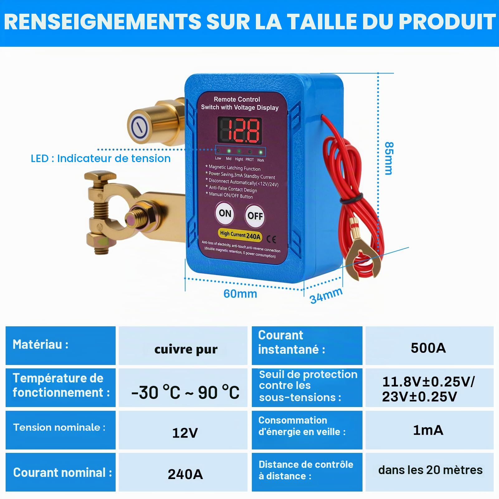 BuyWeek Coupe Circuit Batterie 12V 240A avec Led Affichage de la Tension Coupe Circuit Voiture Coupe Batterie Voiture Télécommandes pour Voiture, RV, ATV, Camion Bateau(Bleu roi)