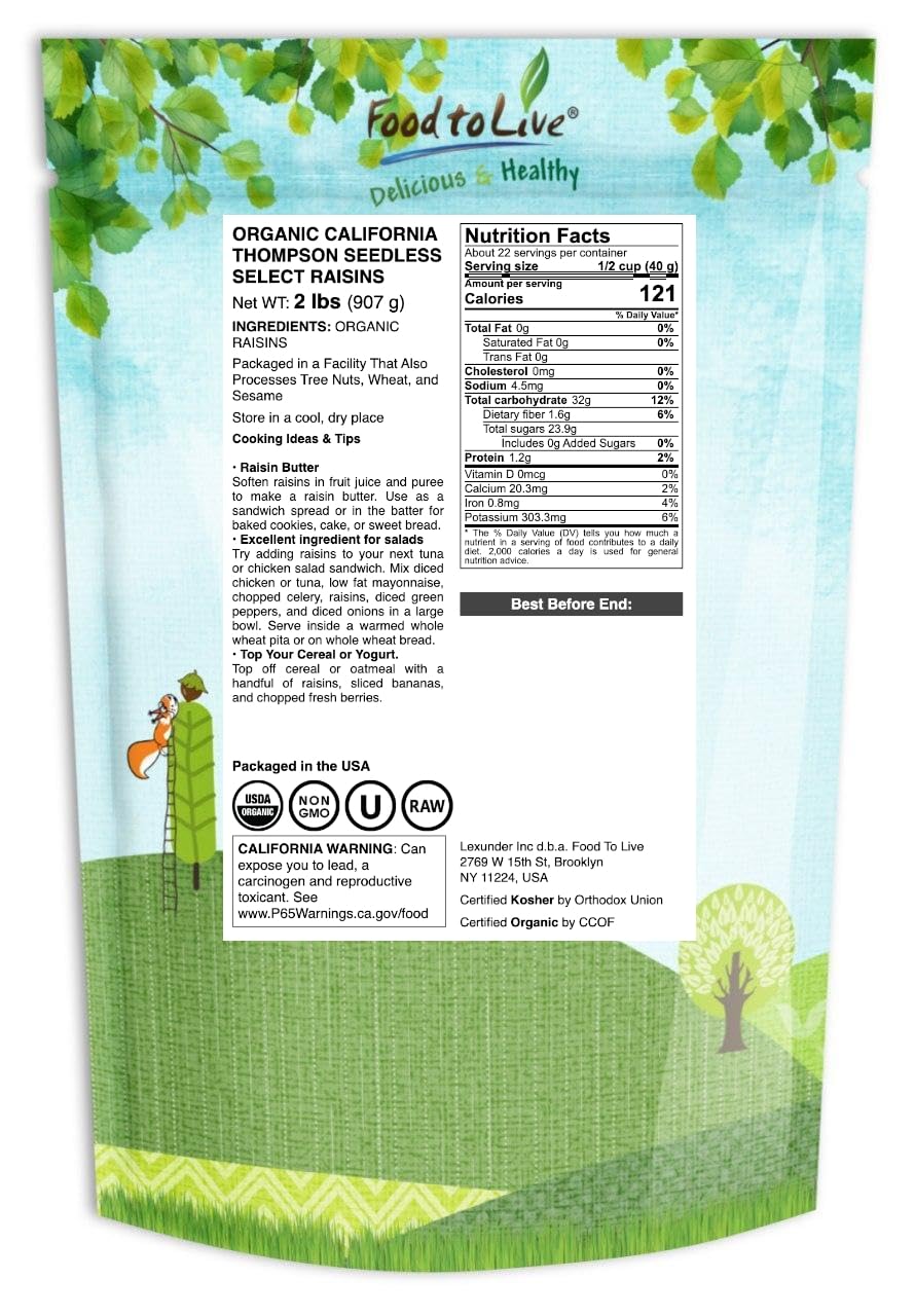 Food to Live California Organic Raisins, 2 Pounds – Thompson Seedless Select, Sun-Dried, Non-GMO, Kosher, Unsulphured, Bulk, No Oil Added