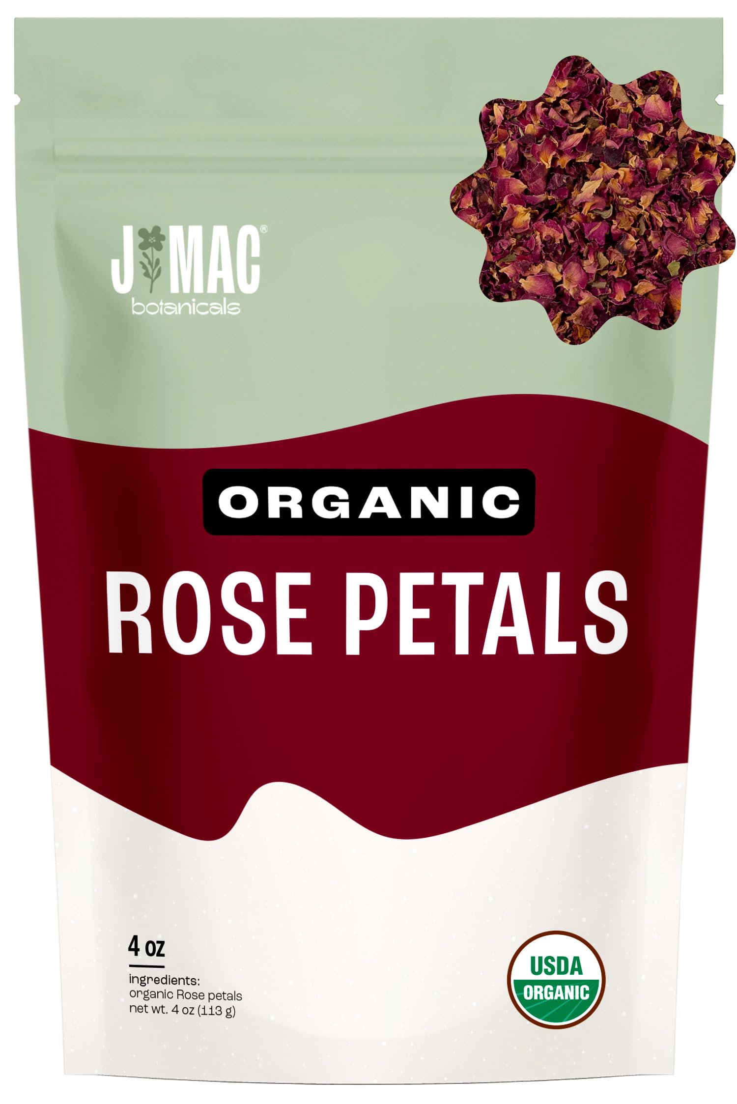 J MAC BOTANICALS, Organic Rose Petals (4 oz) Certified USDA Organic, edible, culinary grade dry rose petal, herbal tea, cooking and crafts