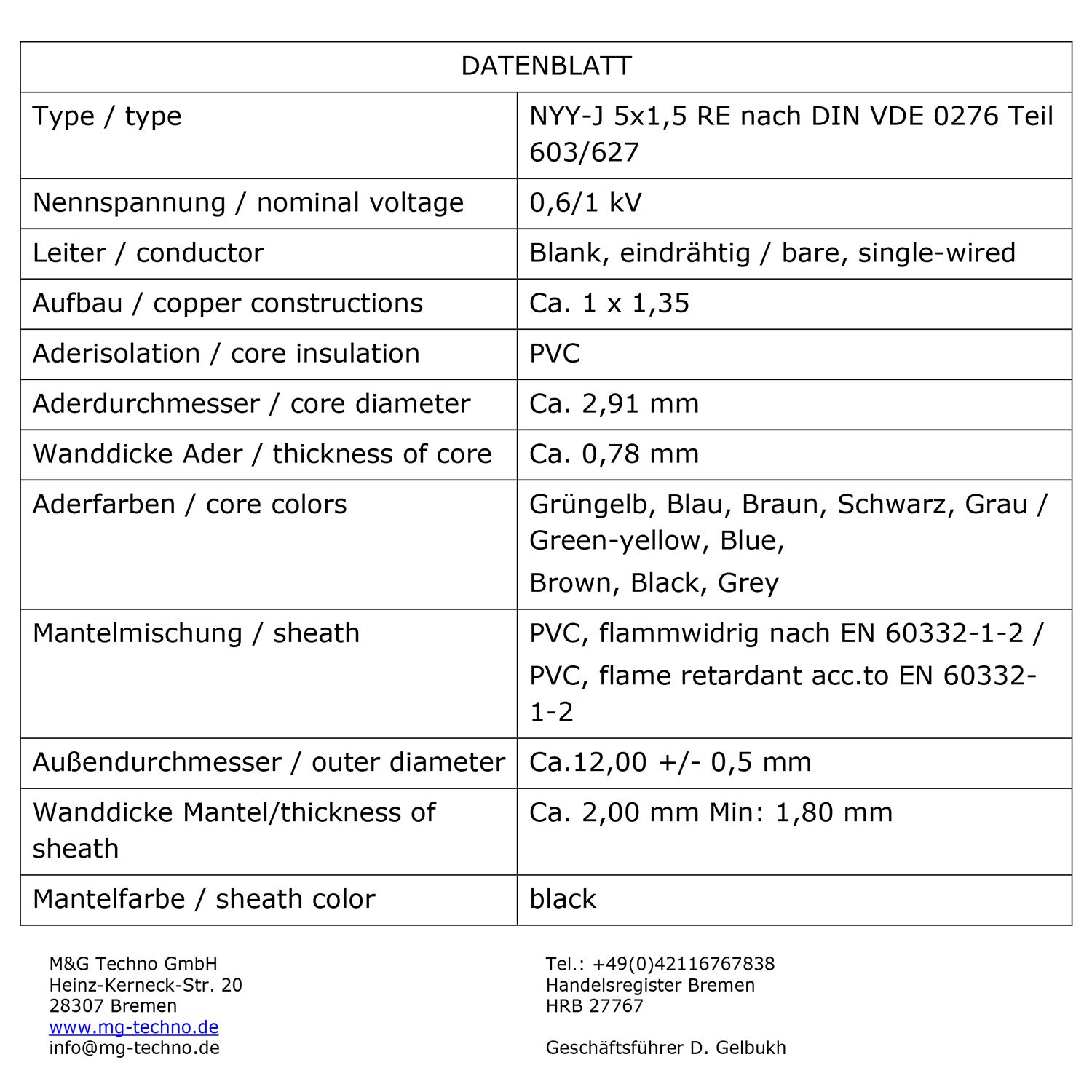 M&G Techno 30m NYY-J 5x1,5 mm² Erdkabel Elektrokabel Beton und Freien Kupfer Made in Germany