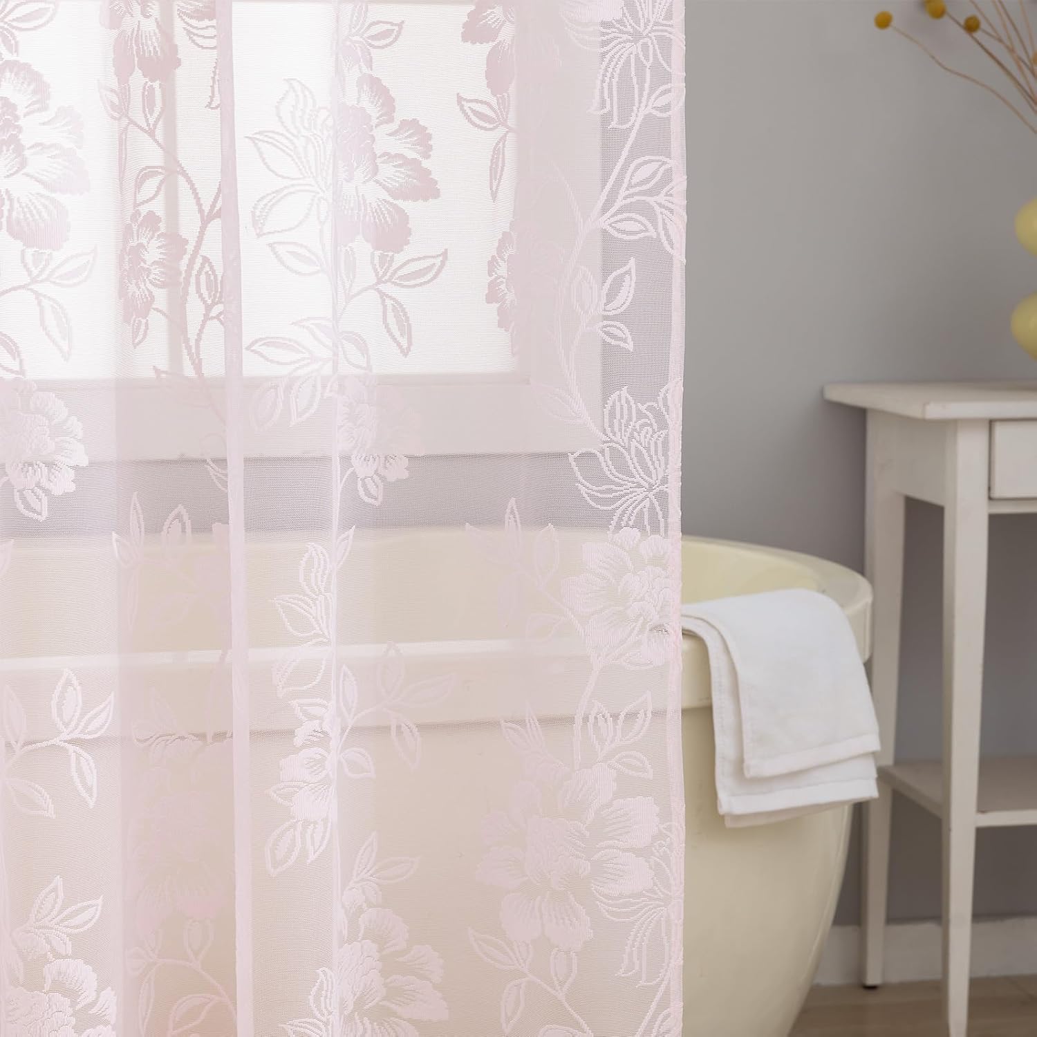 FINECITY Pink Lace Shower Curtain for Bathroom, 1 Panel, W72 x L72 Inch, Cottagecore Leaf Floral Patterned Sheer Lace Shower Curtain with Attached Valance for Bath Vintage Farmhouse Decor