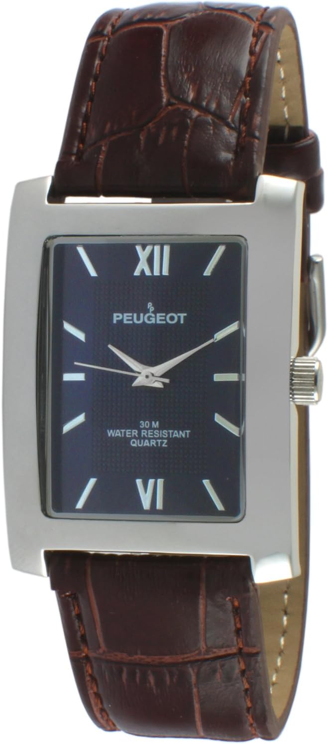 Peugeot Men's Rectangular Textured Roman Numeral Dial Classic Dress Wrist Watch with Leather Strap Band