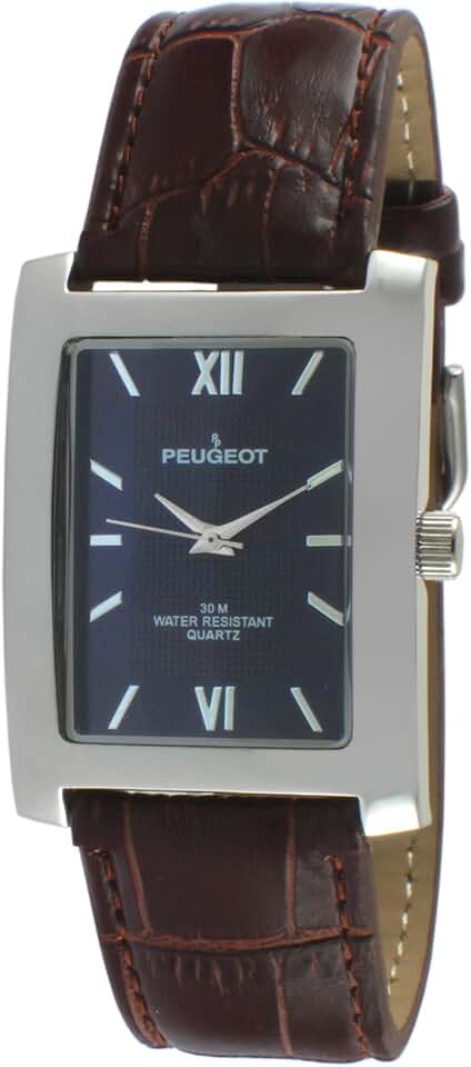 Peugeot Men&#x27;s Rectangular Textured Roman Numeral Dial Classic Dress Wrist Watch with Leather Strap Band