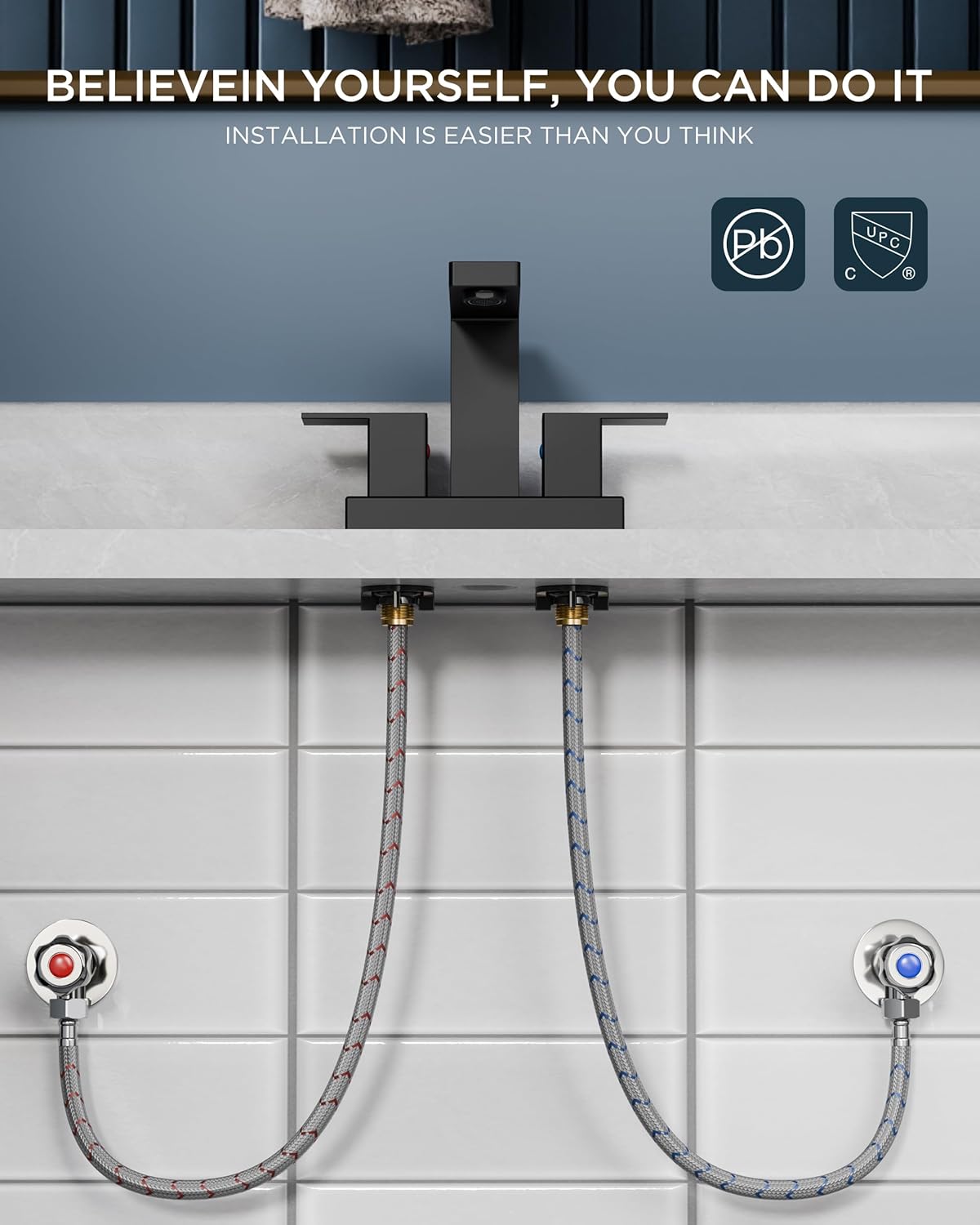 FORIOUS Black Bathroom Faucet Centerset 2 Hole, Square 4 Inch Matte Black Centerset Bathroom Sink Faucet 2 Handle with Metal Pop Up Drain, 24" CUPC Hose and Spare Water Saving Aerator - Image 9