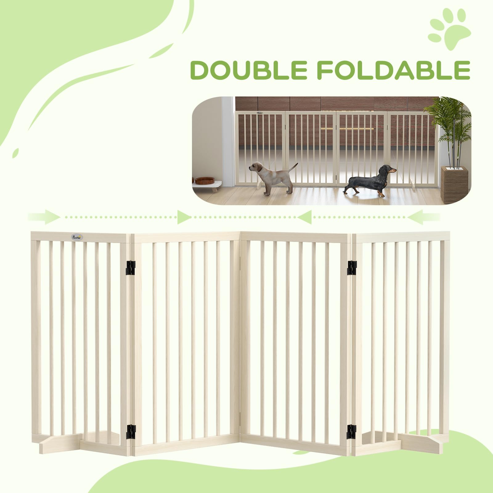 PawHut Barrière de Sécurité pour Chien, Barrière de Protection Modulable Pliable à 4 Panneaux, Clôture pour Animal Domestique en Bois avec Pieds de Support - Dim. 206 x 35,5 x 76 cm Bois Naturel