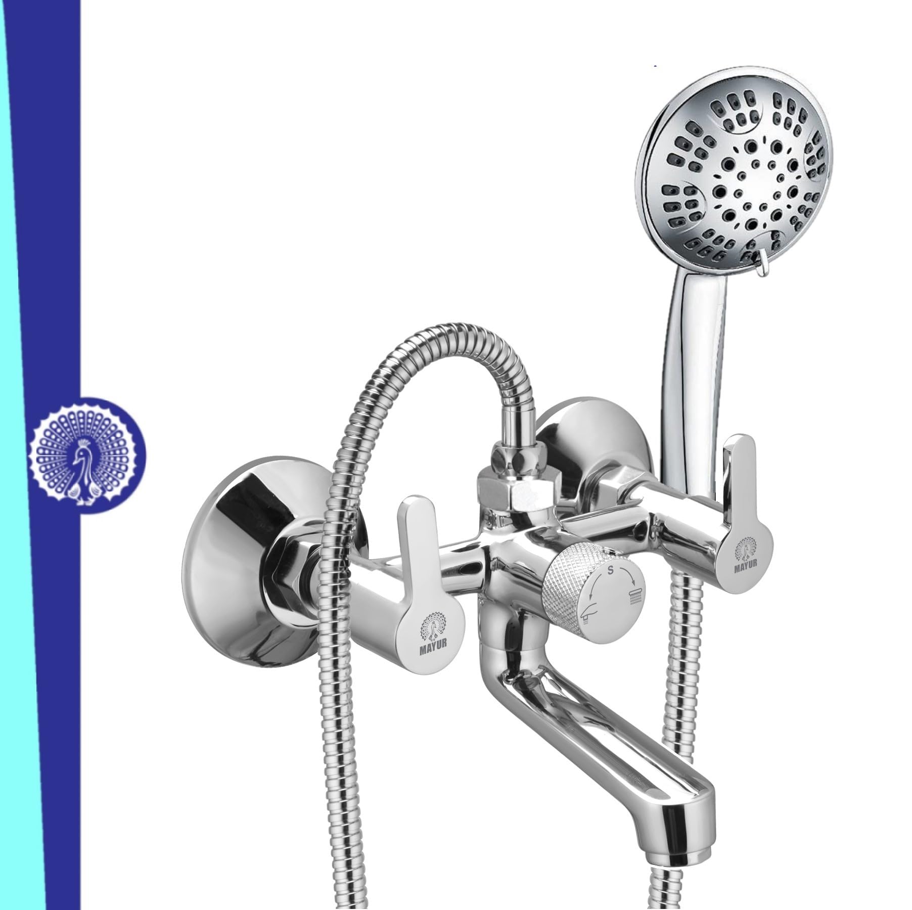 MAYUR ÖCICH FUSION-2708, Brass Wall Mixer 5-Function Hand Shower, SS-304 Grade 1.5 Meter Tube and Crutch