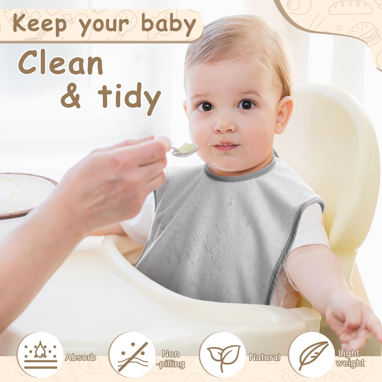 Hercicy Baby-Lätzchen für Kleinkinder, volle Abdeckung, Frottee, saugfähig, große Pullover, Handtuch, Lätzchen mit Druckknopf, 5 Stück