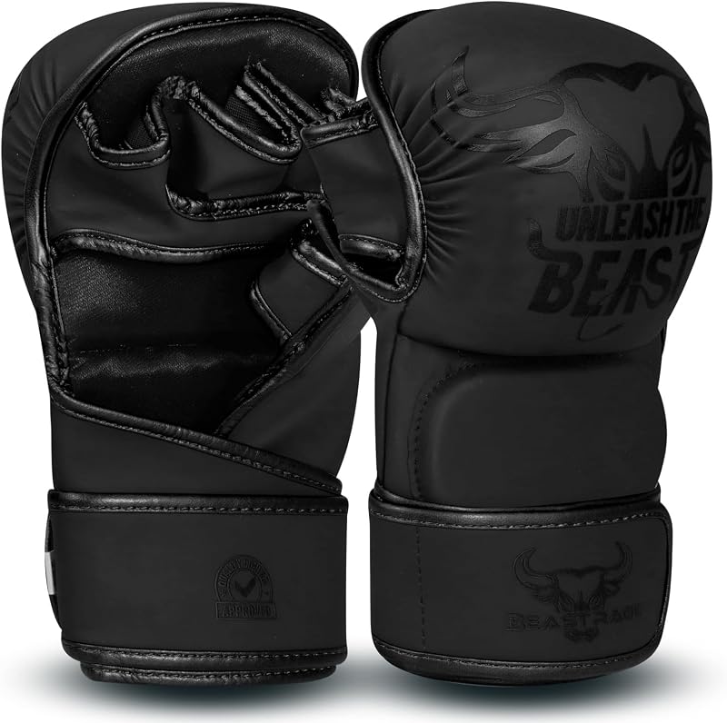 BEAST RAGE MMA Kesztyű Állítható Csuklótámasszal - Nyitott Tenyerű Harcművészeti Kesztyű Muay Thai, Ketrecharc, Taekwondo és Kickbox Edzések