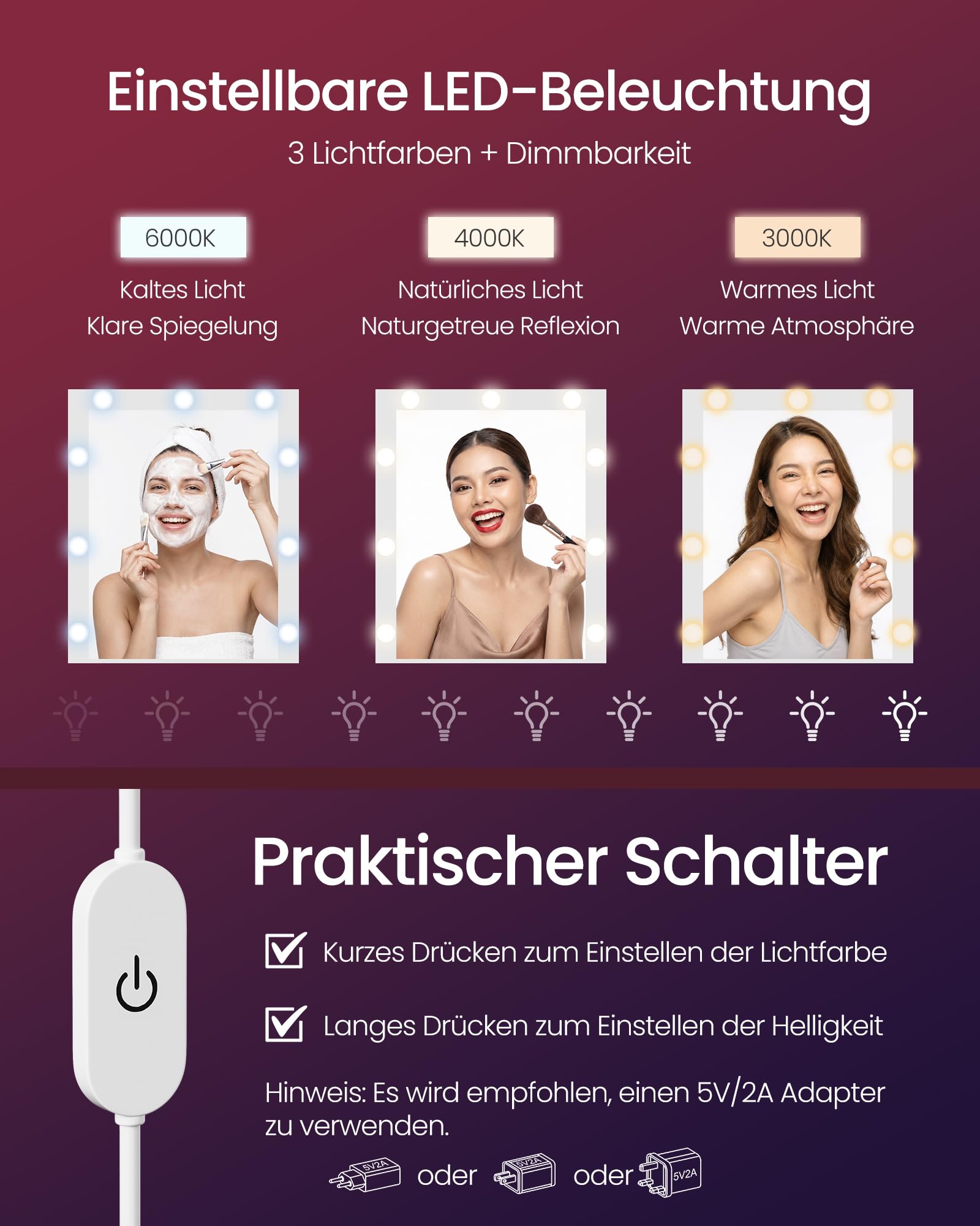 VASAGLE Schminktisch mit Spiegel, Holzspanplatte und Glas, RGB-Beleuchtung und Steckdose, mit 2 Schränken, ohne Hocker, 107 x 40 x 144,5 cm, Weiß, für Schlafzimmer, Kailyn Kollektion RDT145WB01