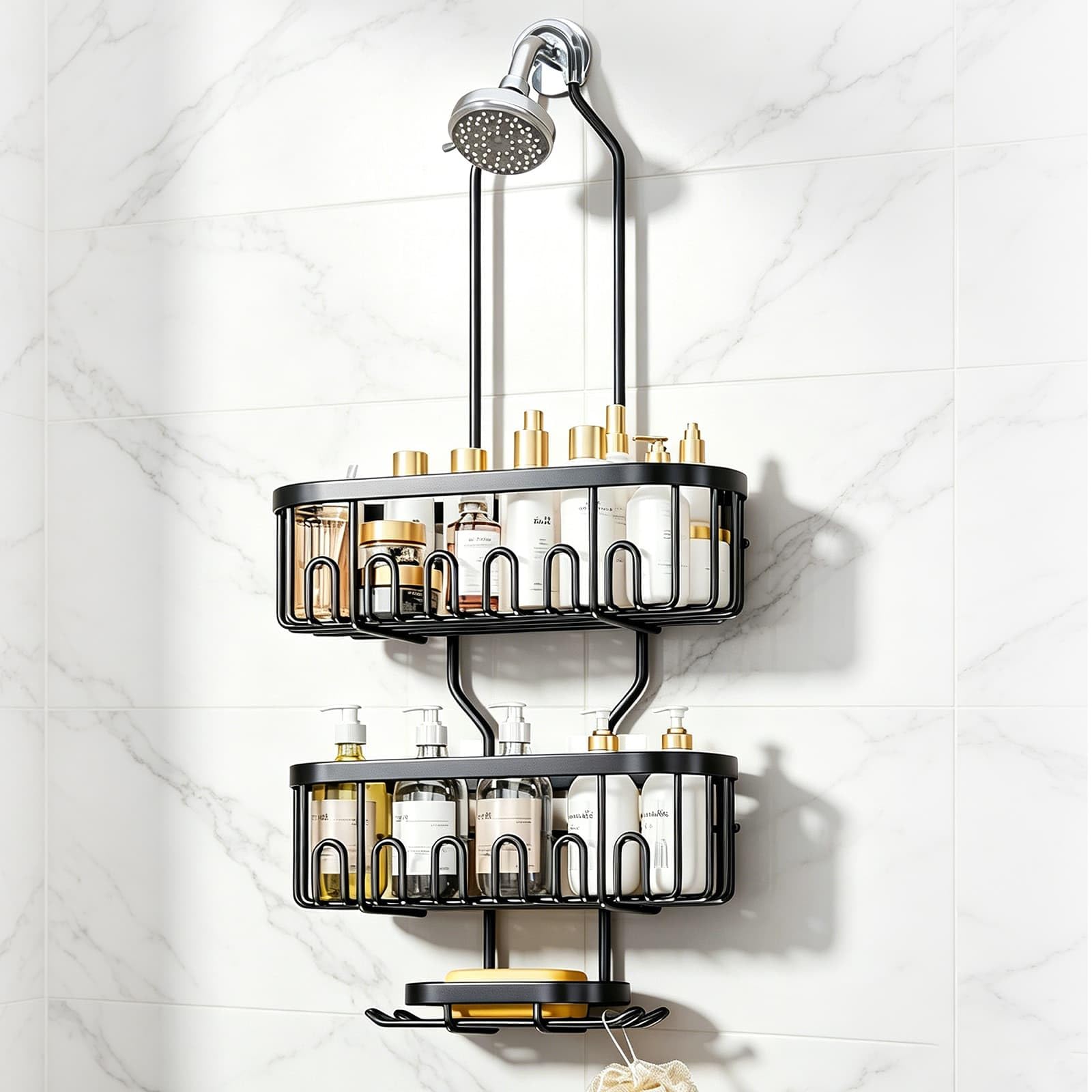 LLHONG Shower Caddy, Hanging Organiser, 3 Tier Bathroom Shelf Organiser No Drilling, Black Stainless Steel Rustproof Hanging Shower Caddy for Bathroom Storage (Includes Installation Hardware)