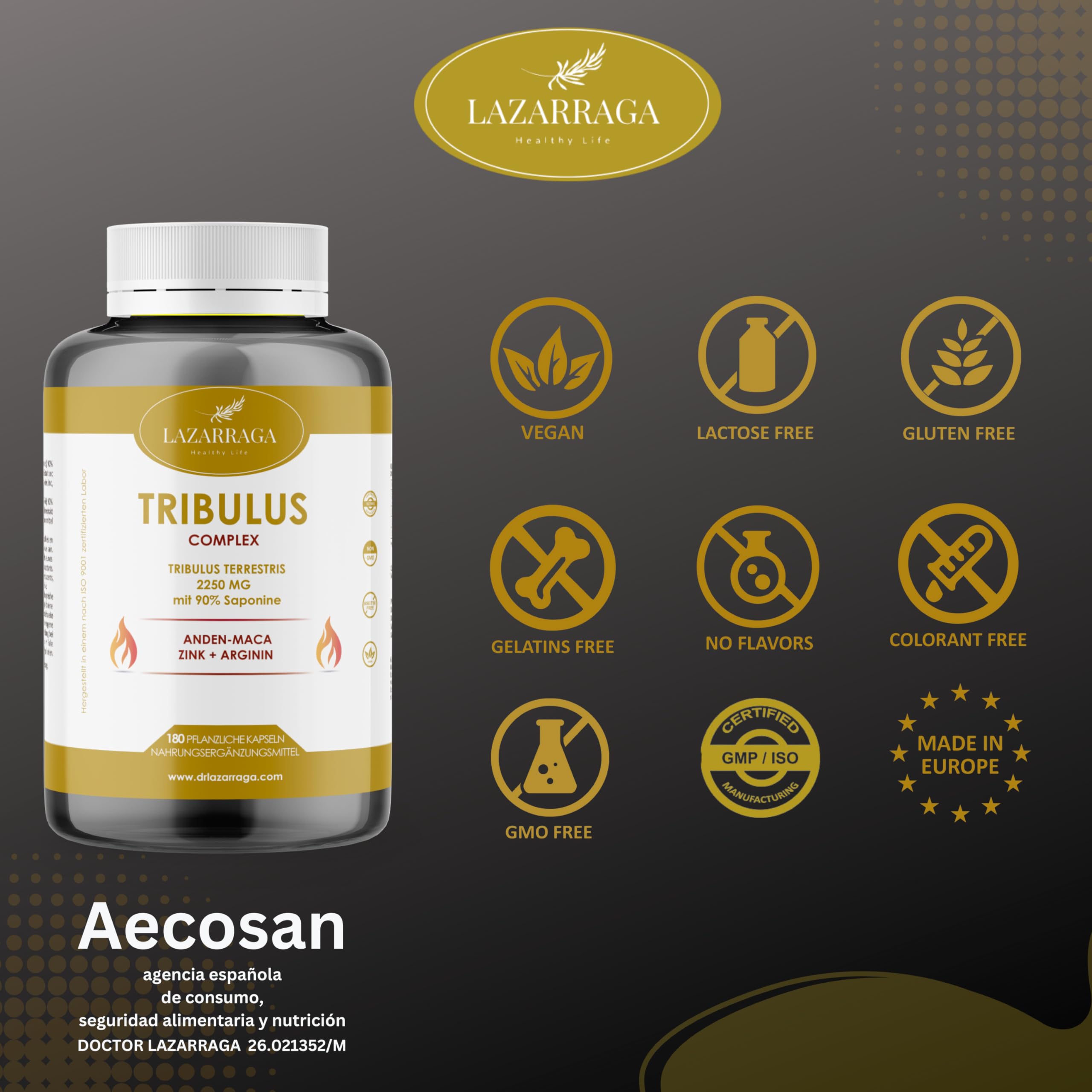 LAZARRAGA - Tribulus Terrestris 2250mg + Maca Peruviana + Arginina + Zinco integratore | 180 Capsules, Multivitaminico Uomo | Vitamine Uomo - 180 Capsule Vegane