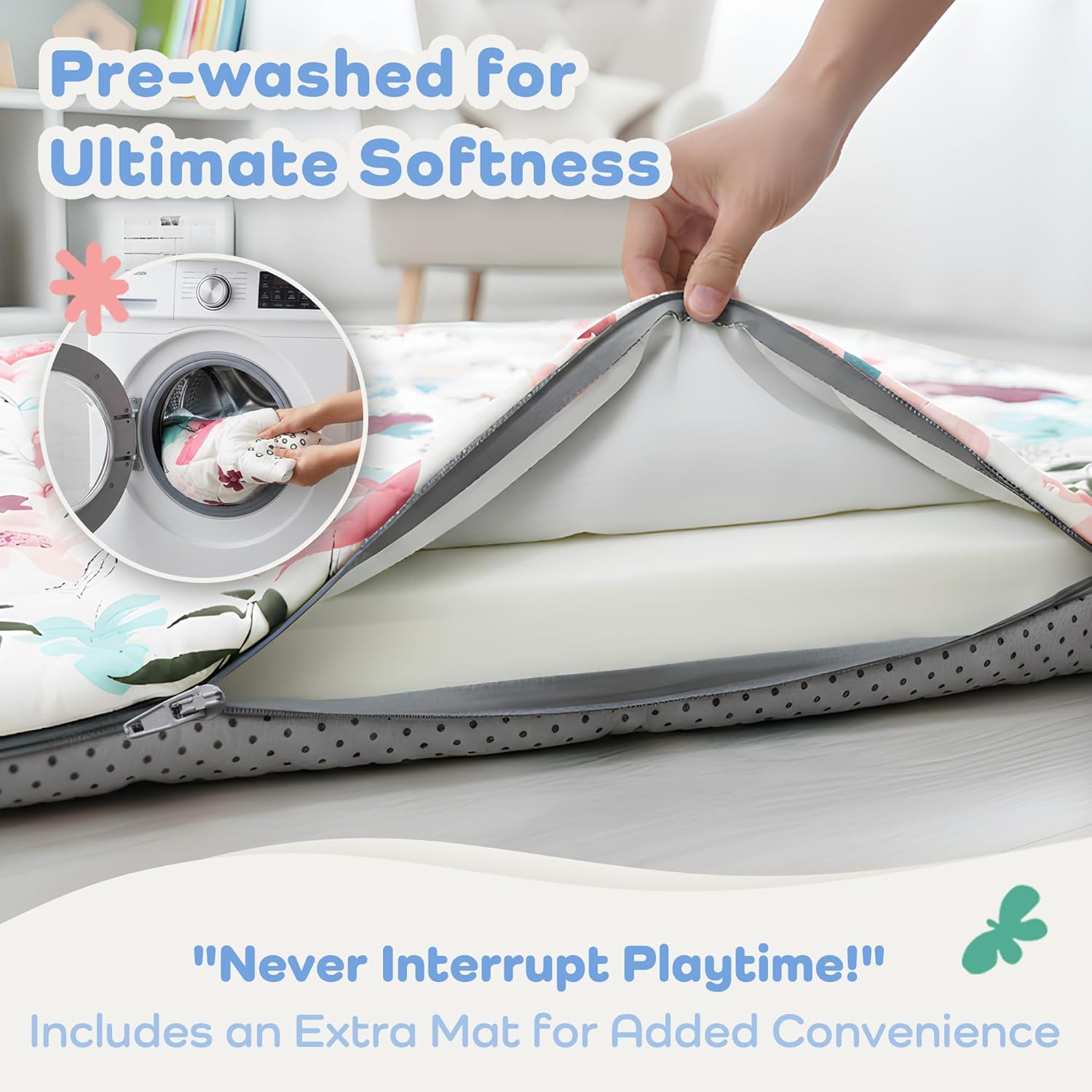 1.5" Thicker Baby Play Mat for Floor, 50x50 Removable & Machine Washable Cover Playpen Mat Softness Foam Mats, Easy-Clean Hygienic, Comfort Safety Kids Crawling Living Room (Floral)