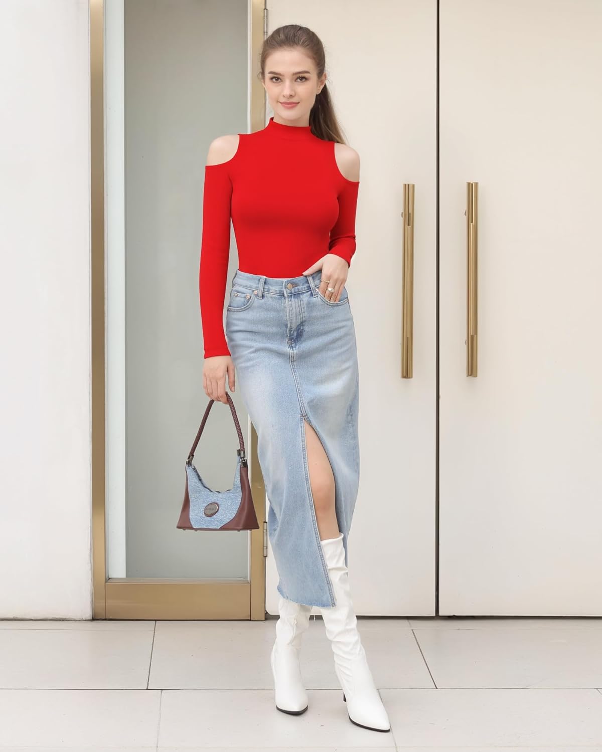 HERLOLLYCHIPS Mock Neck Tops for Women Cold Shoulder Long Sleeve Ribbed Knit Tight Stretchy Sexy Dressy Casual T-Shirts - Image 5