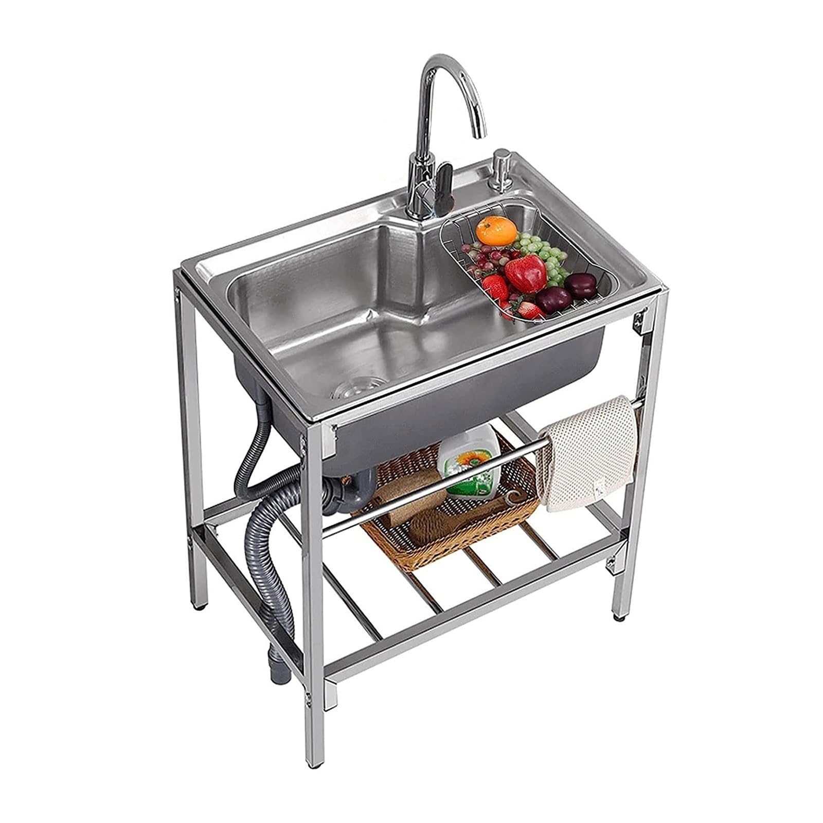 HCZKIUJY Kitchen Utility Sink,Freestanding Sink 304 Stainless-Steel,Thicken Single Bowl Sink,kitchen Sinks With Drainboard 1 Compartment Faucet,for Garage,Restaurant,Kitchen,Laund(58 * 43cm)