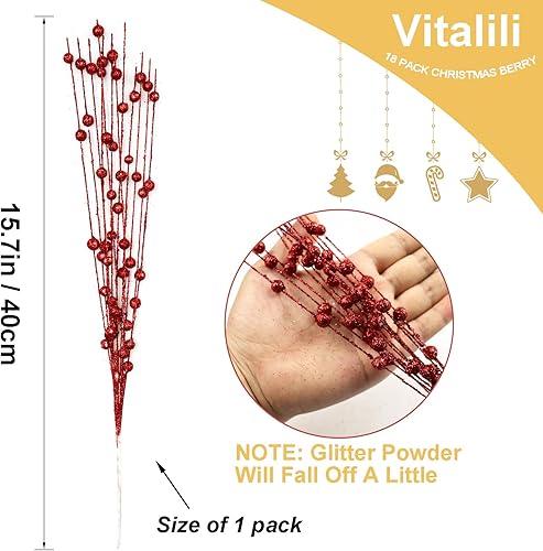 Miniatura 8 de Vitalili Paquete de 18 adornos artificiales de tallo de bayas con purpurina de 15.7 pulgadas, púas decorativas de Navidad, ramas para decoración de