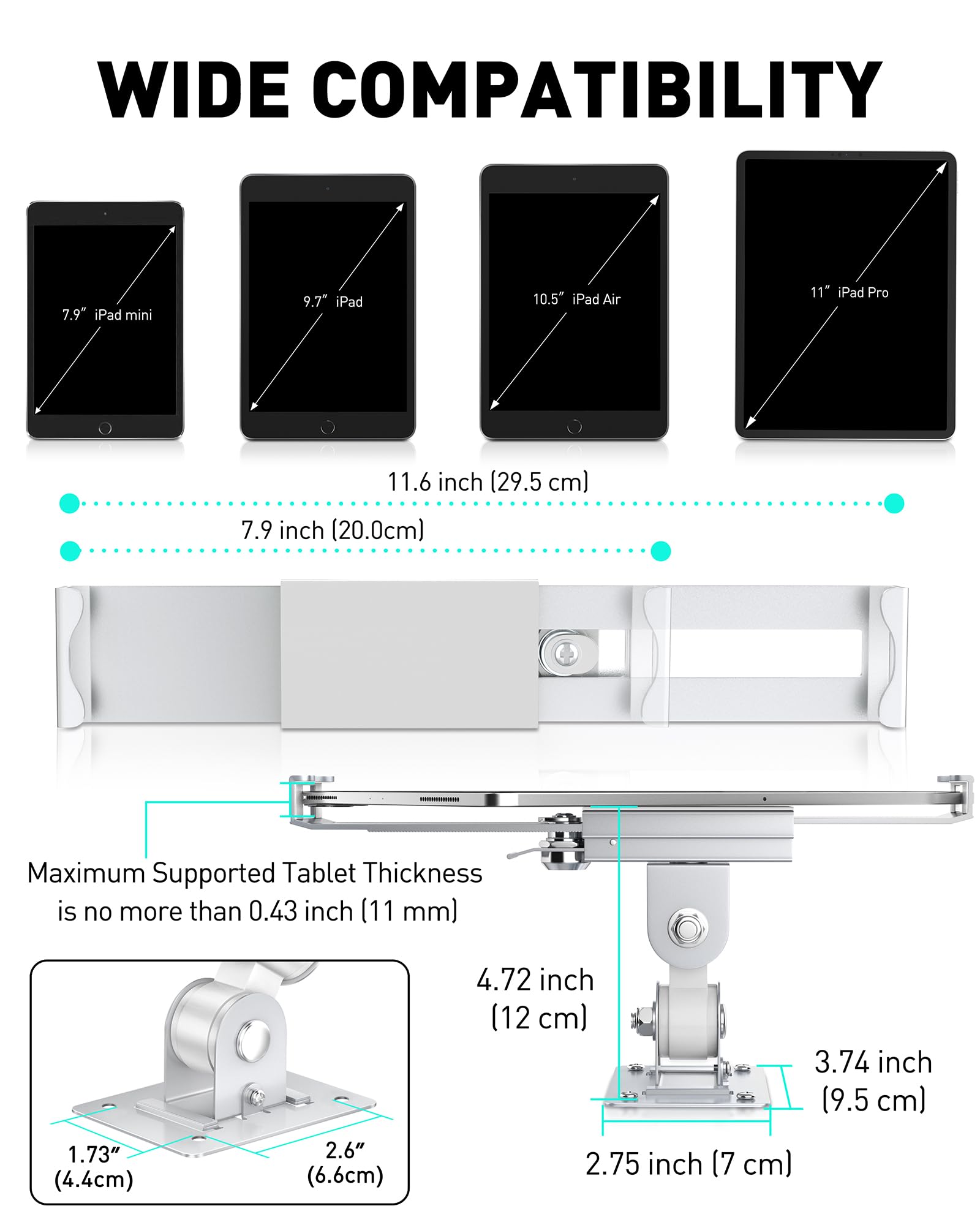 AboveTEK Uchwyt ścienny do tabletu – pasuje do tabletów 7–11 cali, w tym iPad, Galaxy Tab, Slate, Fire i innych – zabezpieczenie przed kradzieżą i kluczem – przegubowy uchwyt obrotowy do trybu