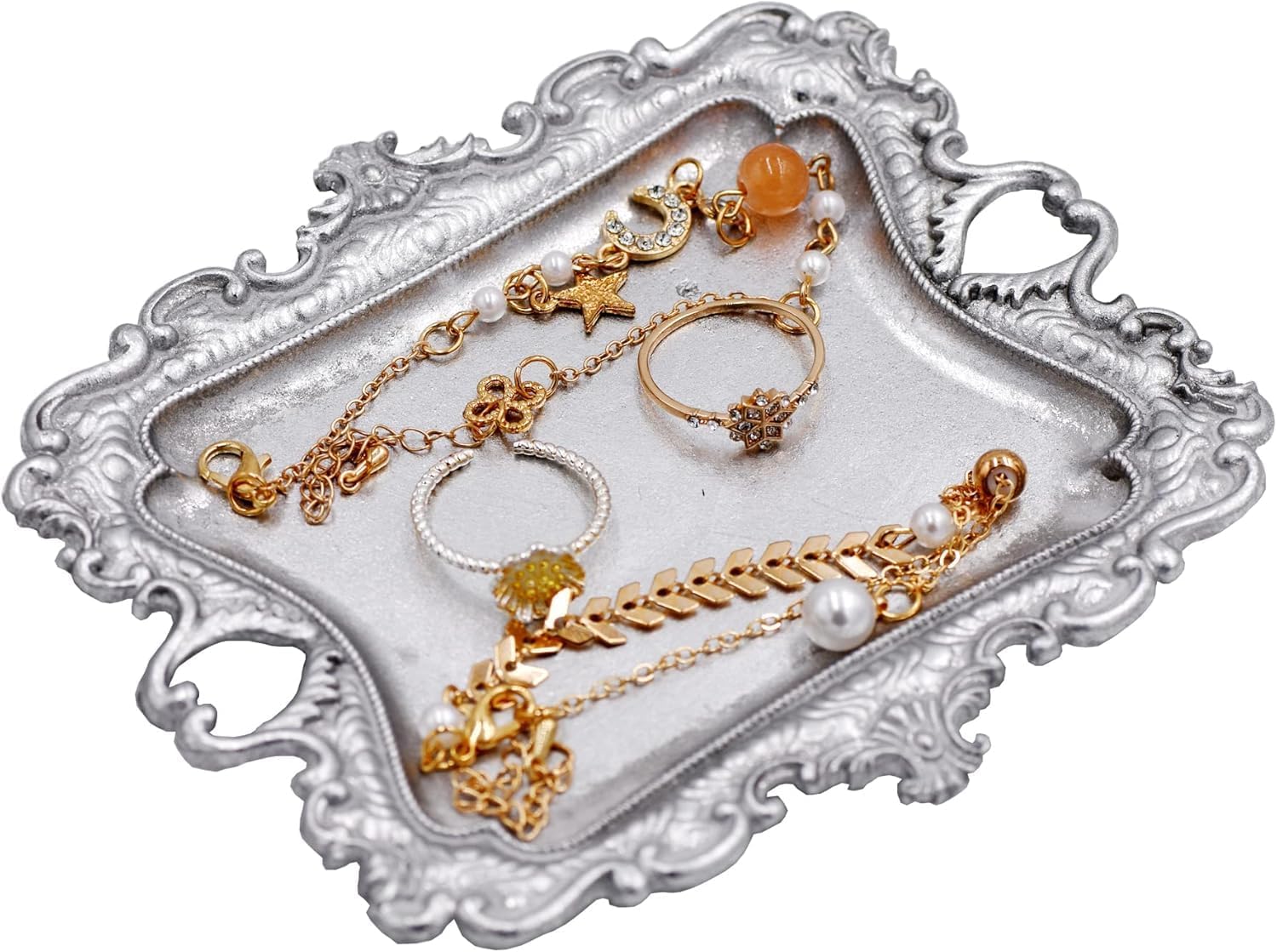 Funly mee Antique Trinket Dish Vintage Metal Jewelry Tray, Wedding Ring & Necklace Holder -8 x 7 inches (Gold, M)