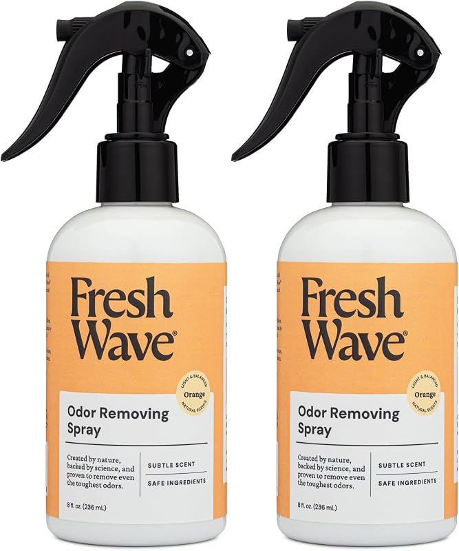 Ambientador en spray Fresh Wave Orange para habitaciones y telas, paquete de 2, 8 oz | Fórmula a base de plantas, Apto para mascotas y personas, Desodorante para telas y habitaciones, Para tapicería, alfombras, zapatos y ropa de cama para mascotas.