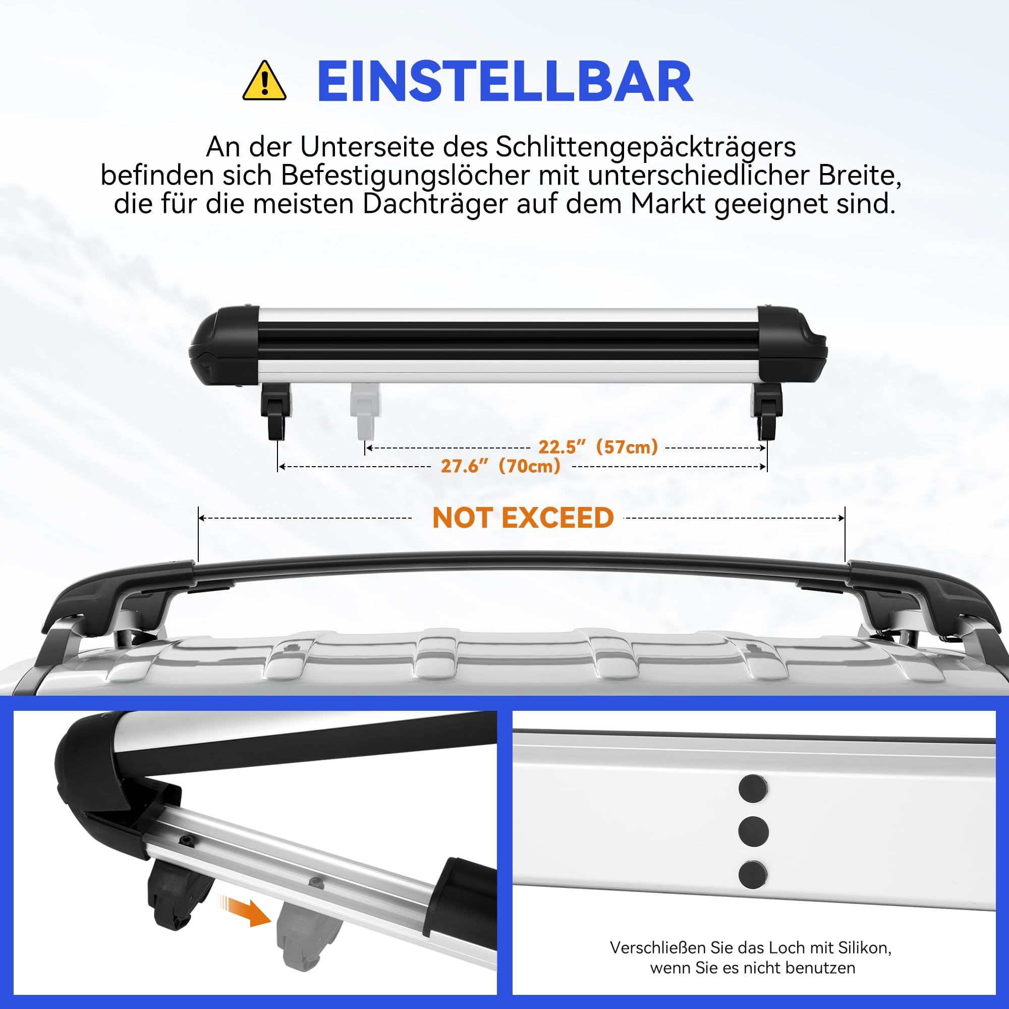 Richeer Ski- und Snowboard-Dachträger, Universal-Skiträger, 28'' Passend für 6 Paar Skier/4 Snowboards, mit Anti-Diebstahl-Schloss, Passend für Square/Round/Aero/Oval Cross Bars, Silber